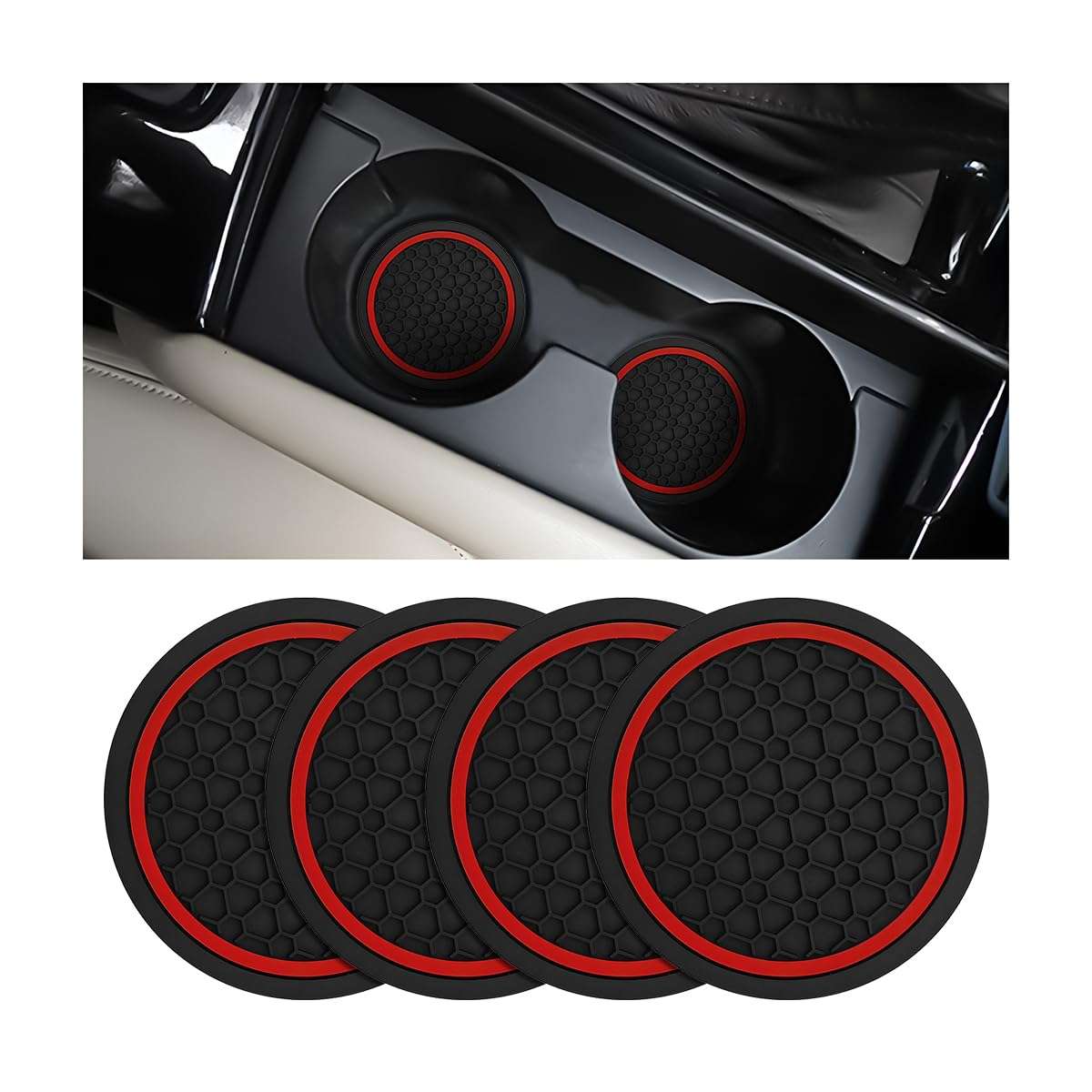 Mandark 4PCS Car Cup Holder Coasters, 2.75 Inch Non-Slip Insert Water Bottle Holder Pads, Dustproof Automotive Interior Accessories Mat, Universal for Vehicles, Trucks, RVs and More（Black/Red） - Image 1