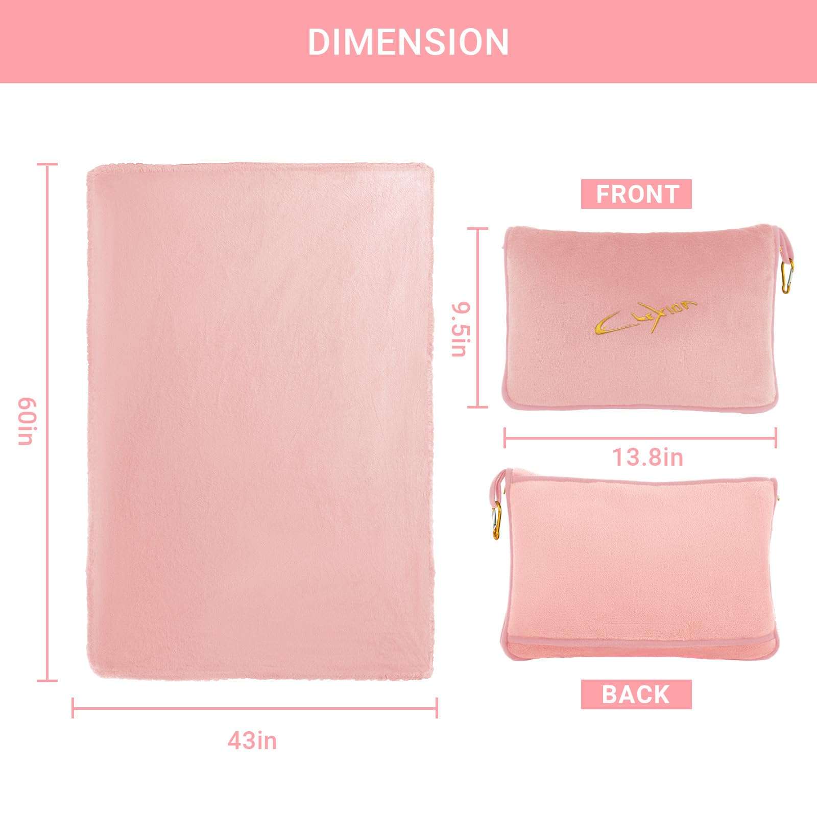 CLEXION Travel Blanket & Pillow Set, 300 GSM Soft Fleece, 60x43 Inches, 3-in-1 Airplane Blanket, Travel Pillow and Blanket Set, Travel Blanket Airplane Compact with Bag, Travel Essentials, Pink - Image 2