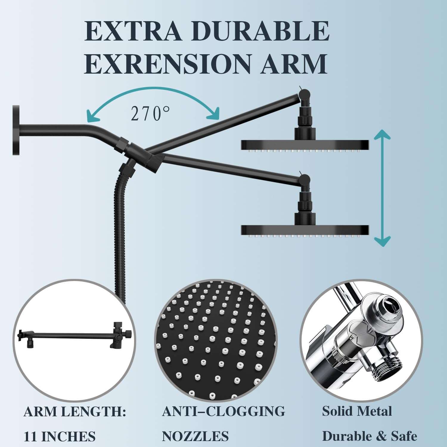 12 Inch Shower Head, High Pressure Rainfall/Handheld Dual Shower Combo- Upgrade Extension Arm Height Adjustable - Handheld Shower Wand and Hose Black, Matte Black (12Inch Showerheads) - Image 3