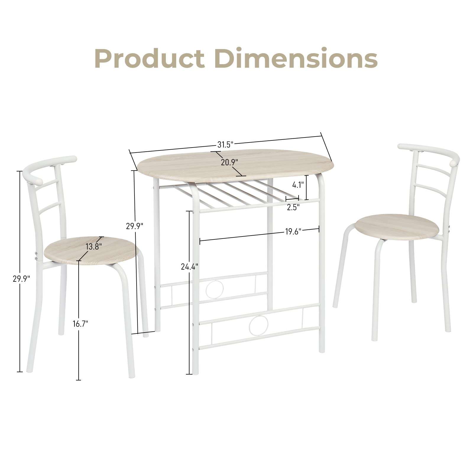 VINGLI 3 Piece Dining Set,Small Kitchen Table Set for 2,Breakfast Table Set,Kitchen Wooden Table and 2 Chairs for Small Space/Dining Room/Apartment,Metal Frame,Wine Rack,White&Light Oak - Image 3