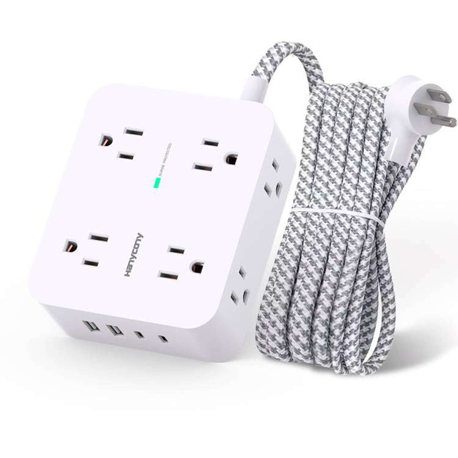 Surge Protector Power Strip - HANYCONY 8 Outlets 4 USB (2 USB C) Charging Ports, Multi Plug Outlet Extender, 5Ft Braided Extension Cord, Flat Plug Wall Mount Desk Charging Station for Home Office ETL - Image 1