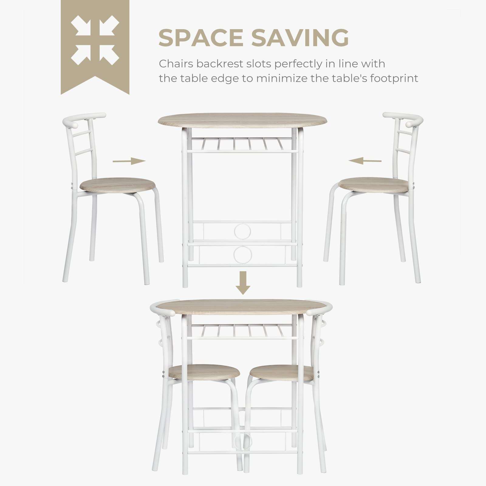 VINGLI 3 Piece Dining Set,Small Kitchen Table Set for 2,Breakfast Table Set,Kitchen Wooden Table and 2 Chairs for Small Space/Dining Room/Apartment,Metal Frame,Wine Rack,White&Light Oak - Image 7
