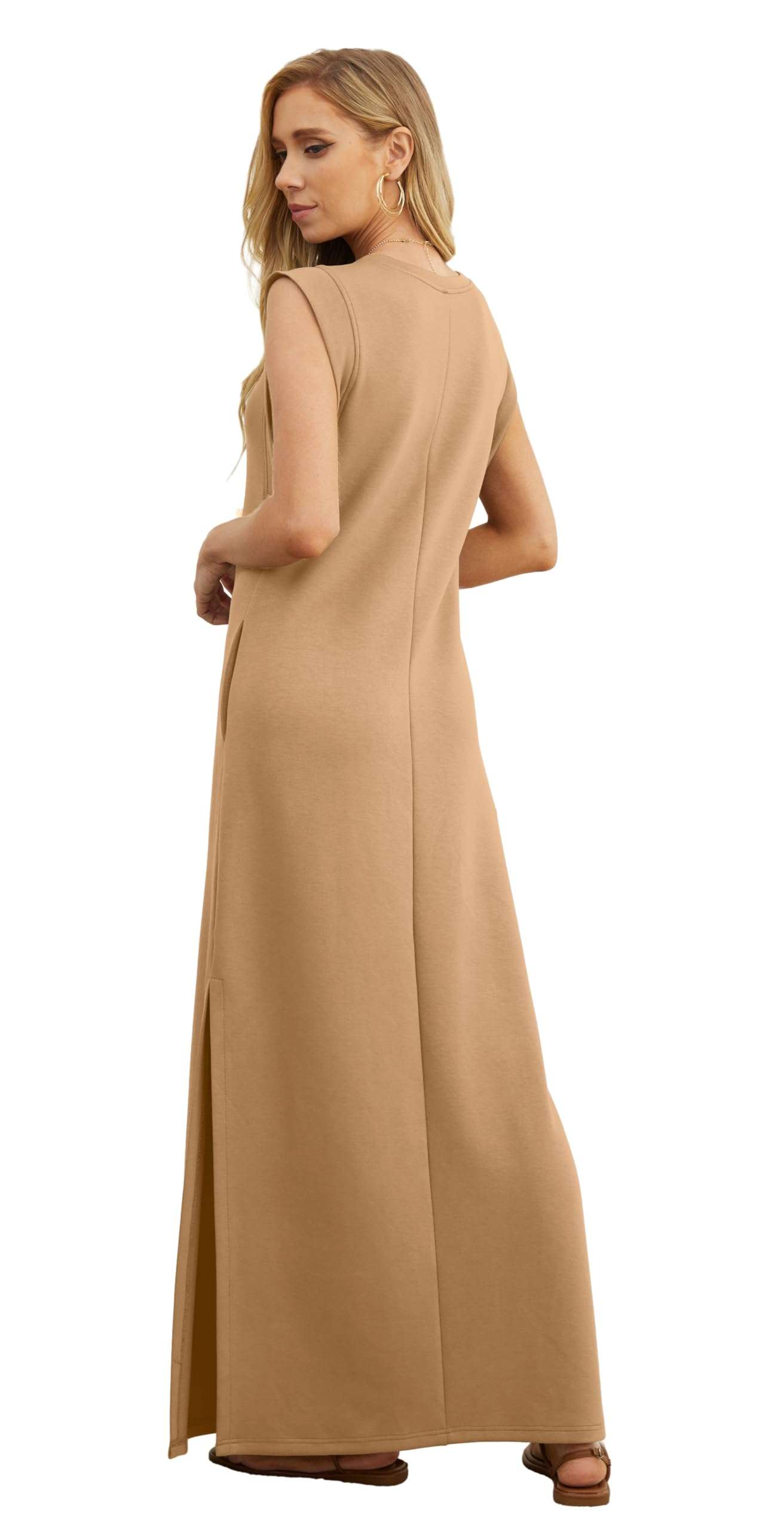 GRECERELLE 2025 Women Year-Round Casual Round Neck Loose Split Wrinkle-Free Long Maxi Vacation Dress with Pockets (XS-3XL) - Image 5