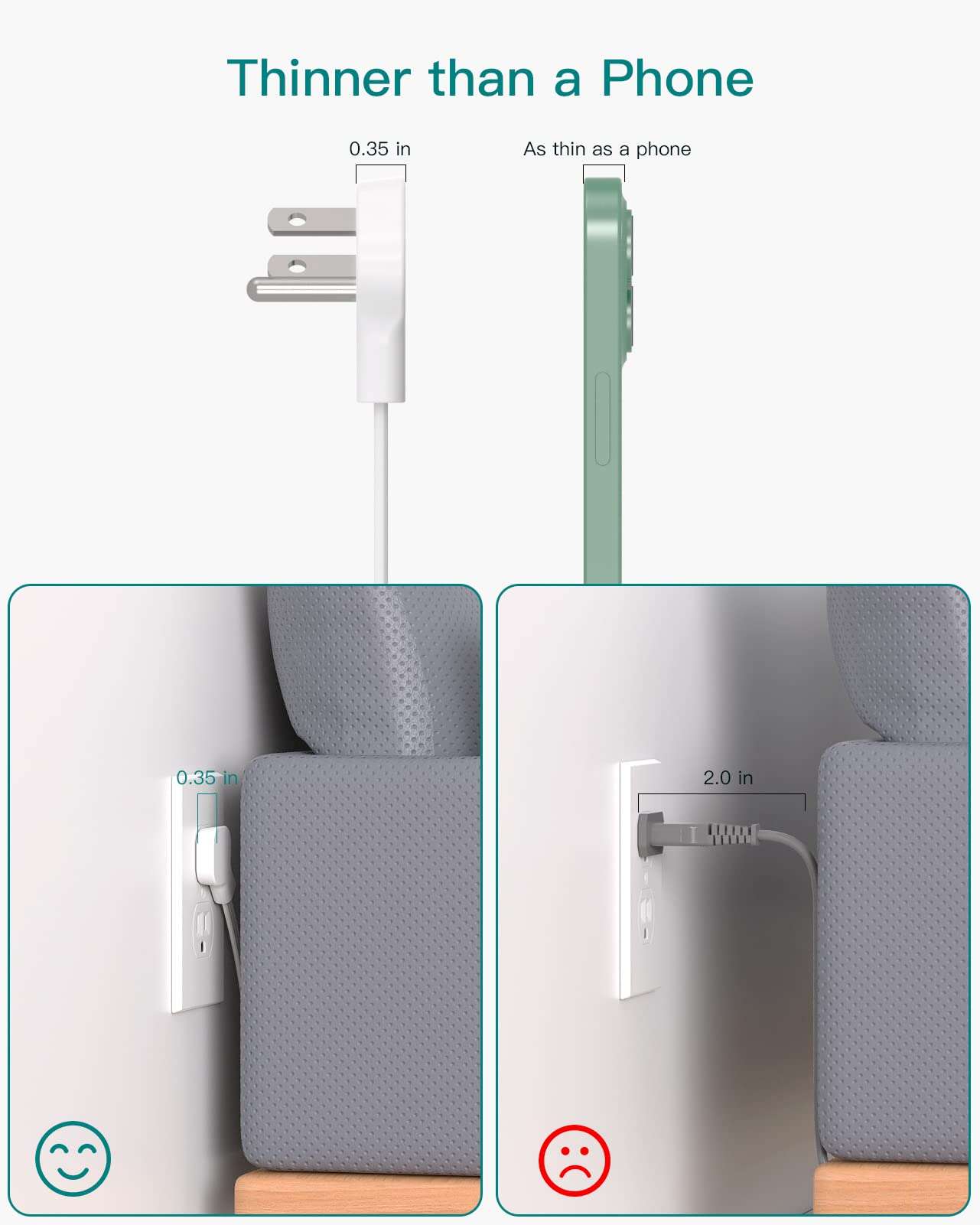 Flat Plug Power Strip, Ultra Thin Flat Extension Cord - Addtam 12 Widely AC 3 Sides Multiple Outlets, 5Ft, 1050J Surge Protector, Wall Mount, Desk Charging Station for Home Office Dorm Room Essentials - Image 2