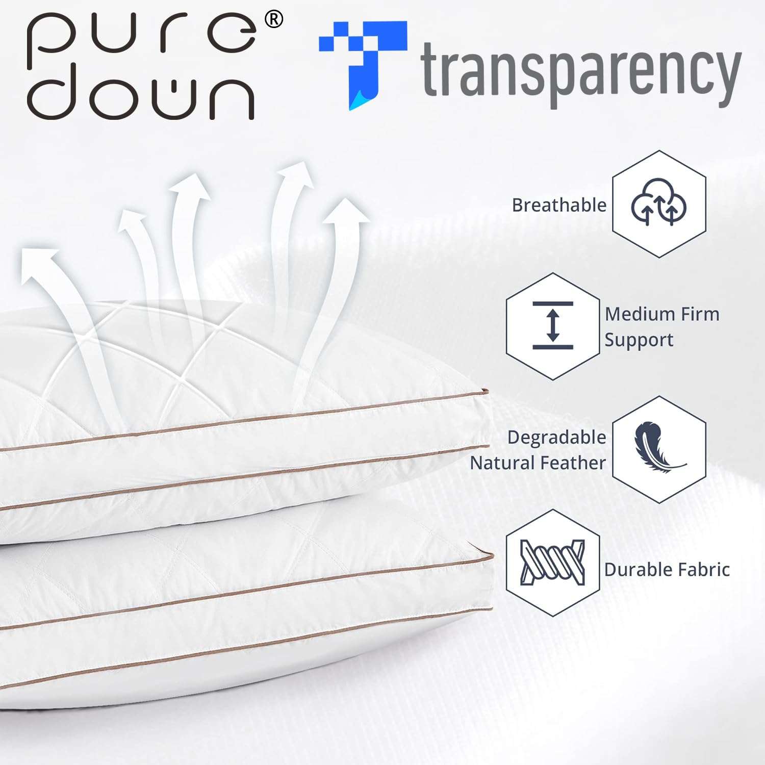 puredown® Goose Feathers and Down Pillow for Sleeping Gusseted Bed Hotel Collection Pillows, King, Set of 2 - Image 3