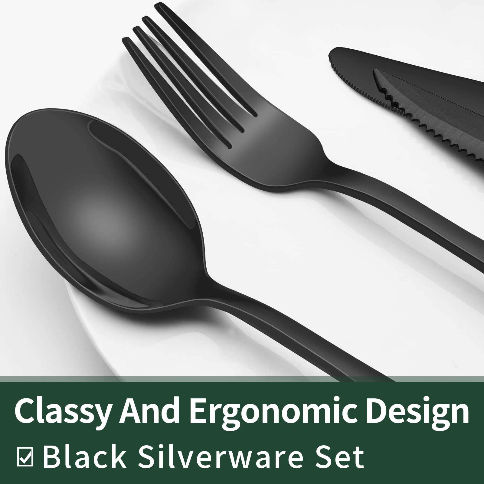 EWFEN 24-Piece Black Silverware Set with Steak Knives, Flatware for 4, Food-Grade Stainless Steel Tableware Cutlery Set, Mirror Finished Utensil Sets Home Restaurant - Image 3