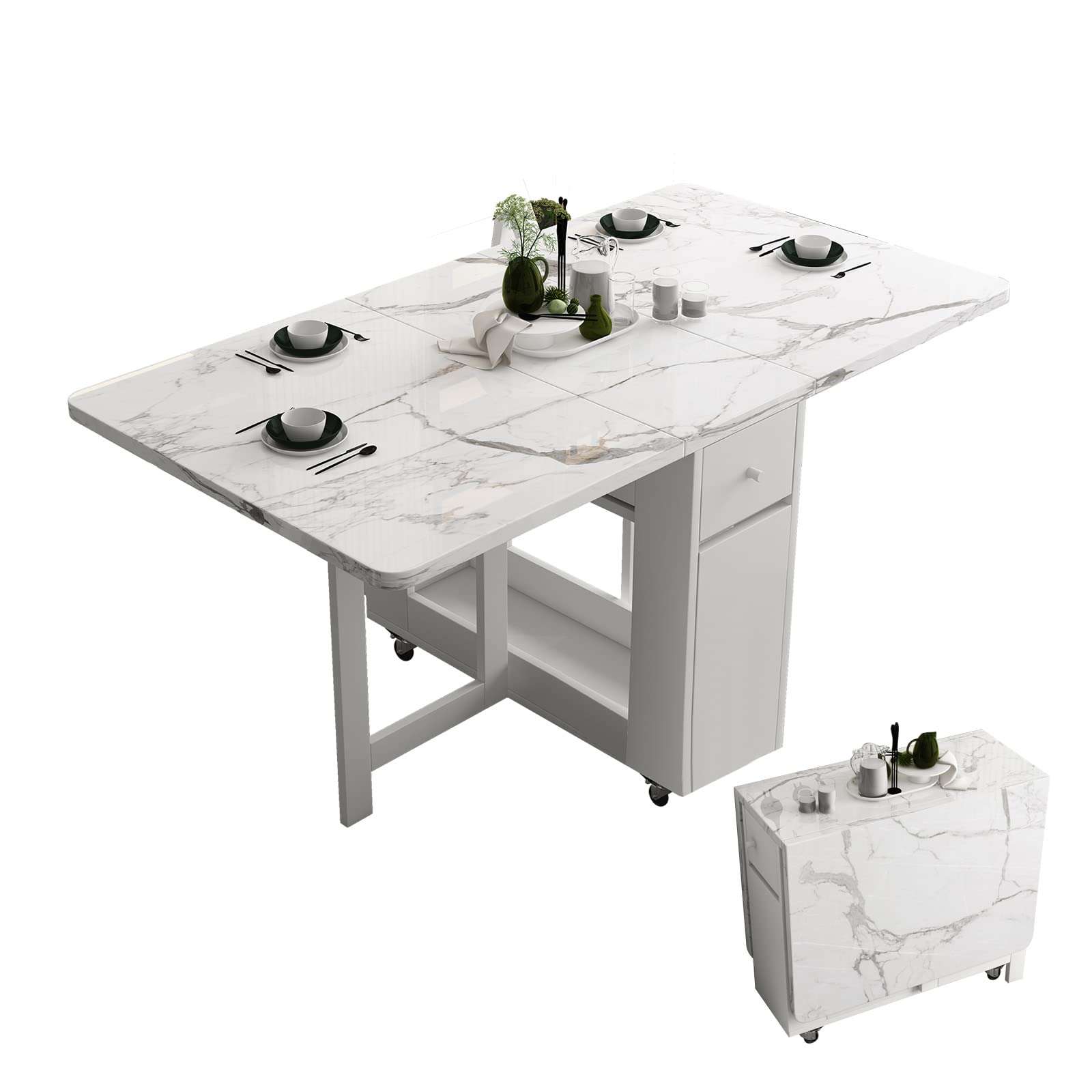 FUNROLUX Folding Dining Table with Rack and 2 Storage Drawers, Movable Extendable Space Saving Kitchen Table in 3 Forms (White) - Image 1