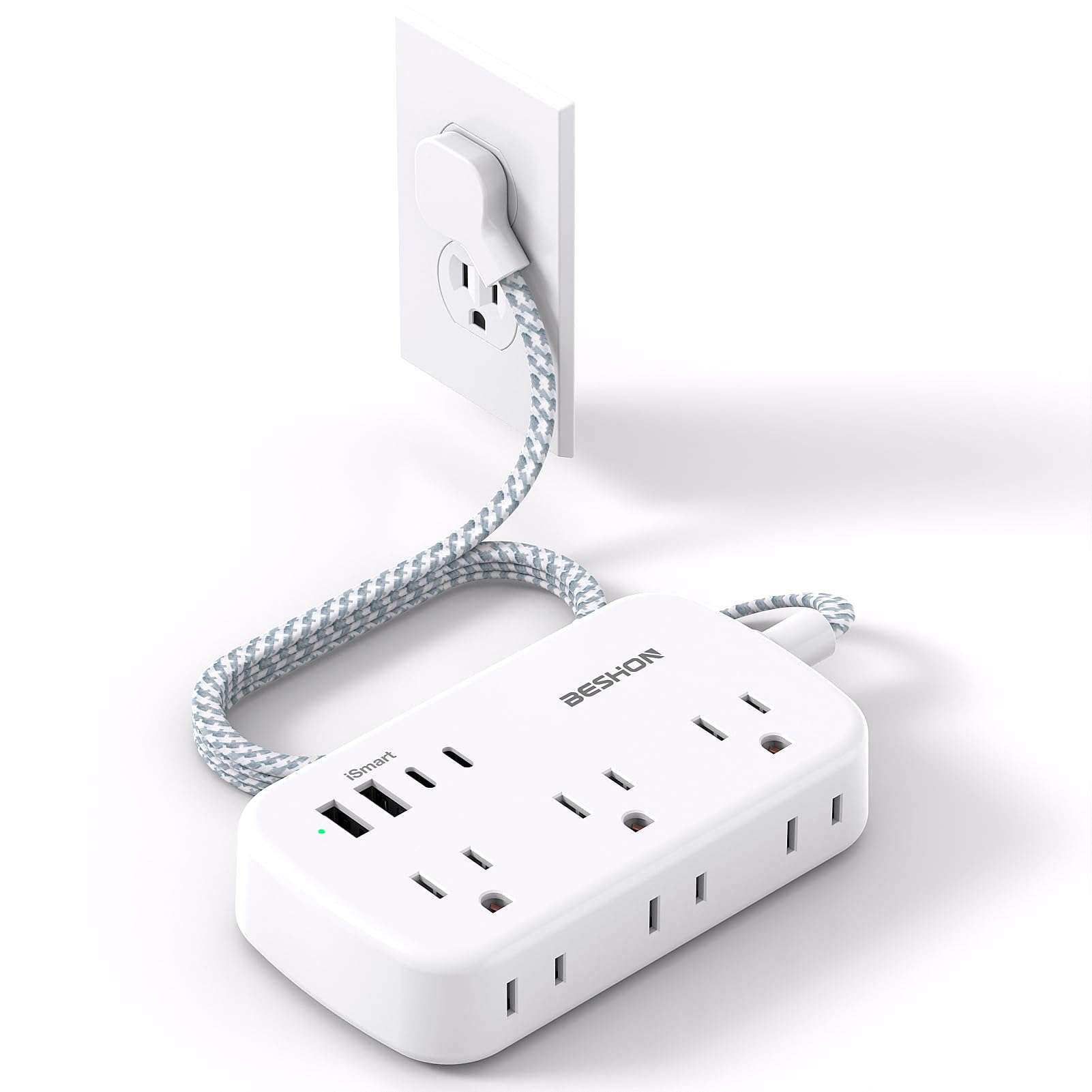 10FT Flat Plug Power Strip with USB C, BESHON Ultra Thin Flat Plug Extension Cord - 6 Outlets with 4 USB Ports(2 USB C), Power Strip for Dorm Room Travel Essentials - Image 1