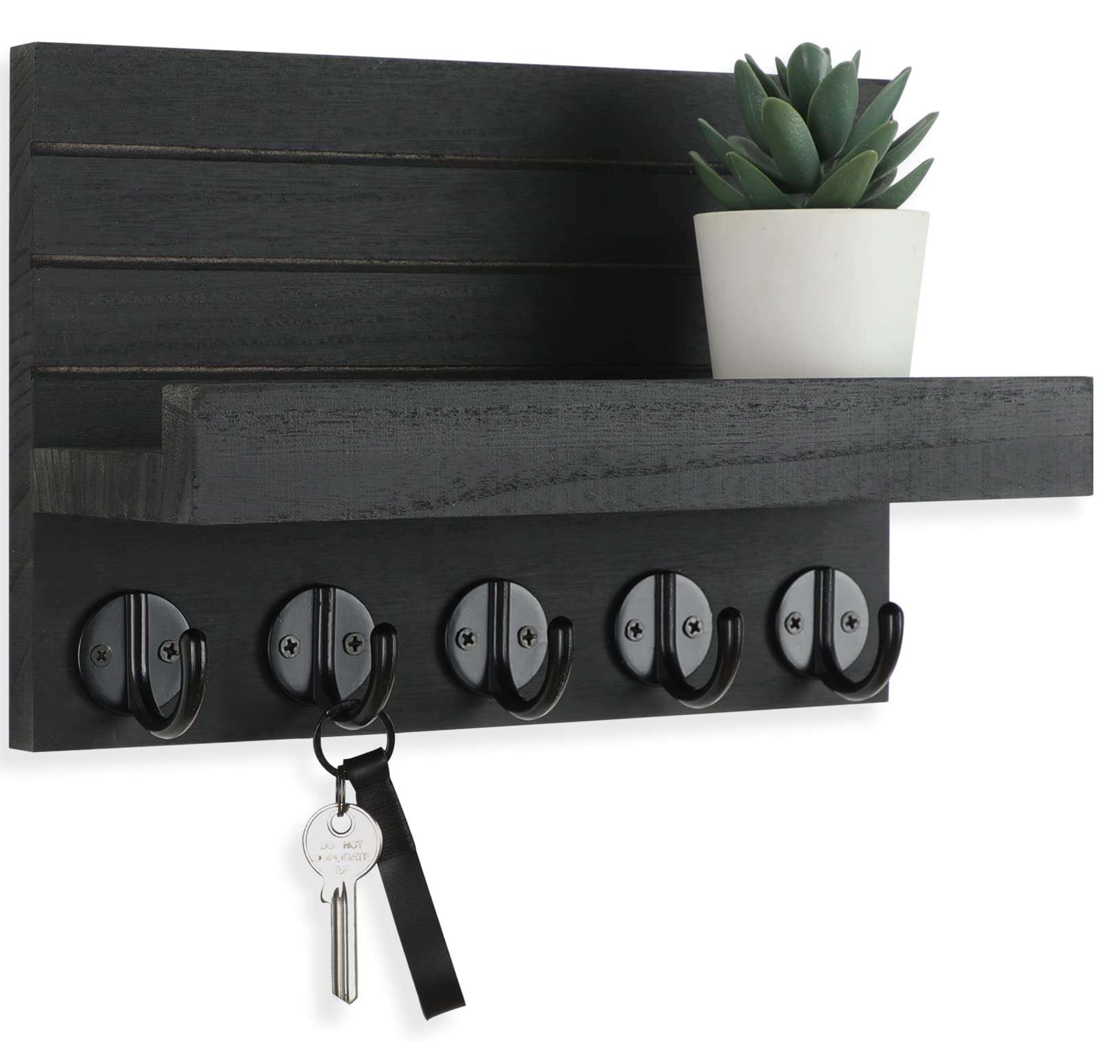 Lwenki Key Holder for Wall, Decorative Key and Mail Holder with Shelf Has Large Hooks for Bags, Coats, Umbrella – Paulownia Wood Key Hanger with Mounting Hardware (9.8”W x 6.7”H x 4.2”D) - Image 1