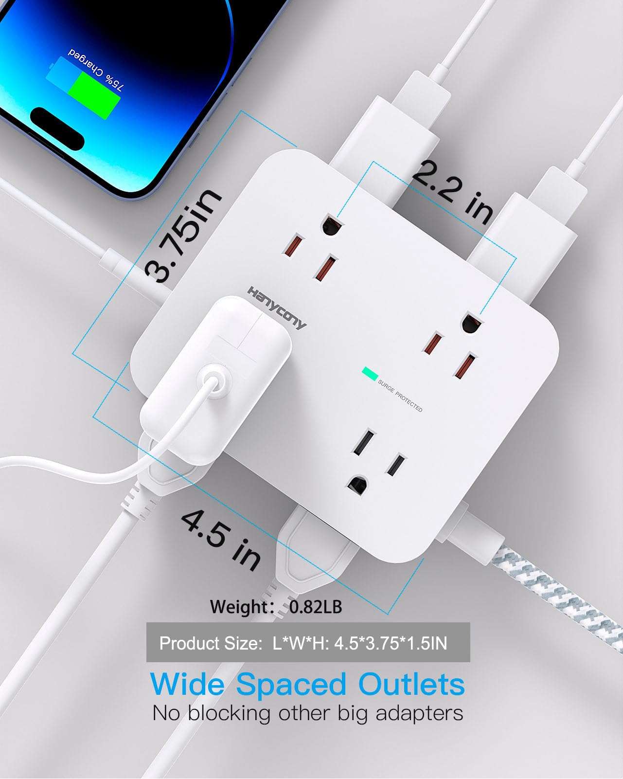 Surge Protector Power Strip - HANYCONY 8 Outlets 4 USB (2 USB C) Charging Ports, Multi Plug Outlet Extender, 5Ft Braided Extension Cord, Flat Plug Wall Mount Desk Charging Station for Home Office ETL - Image 4