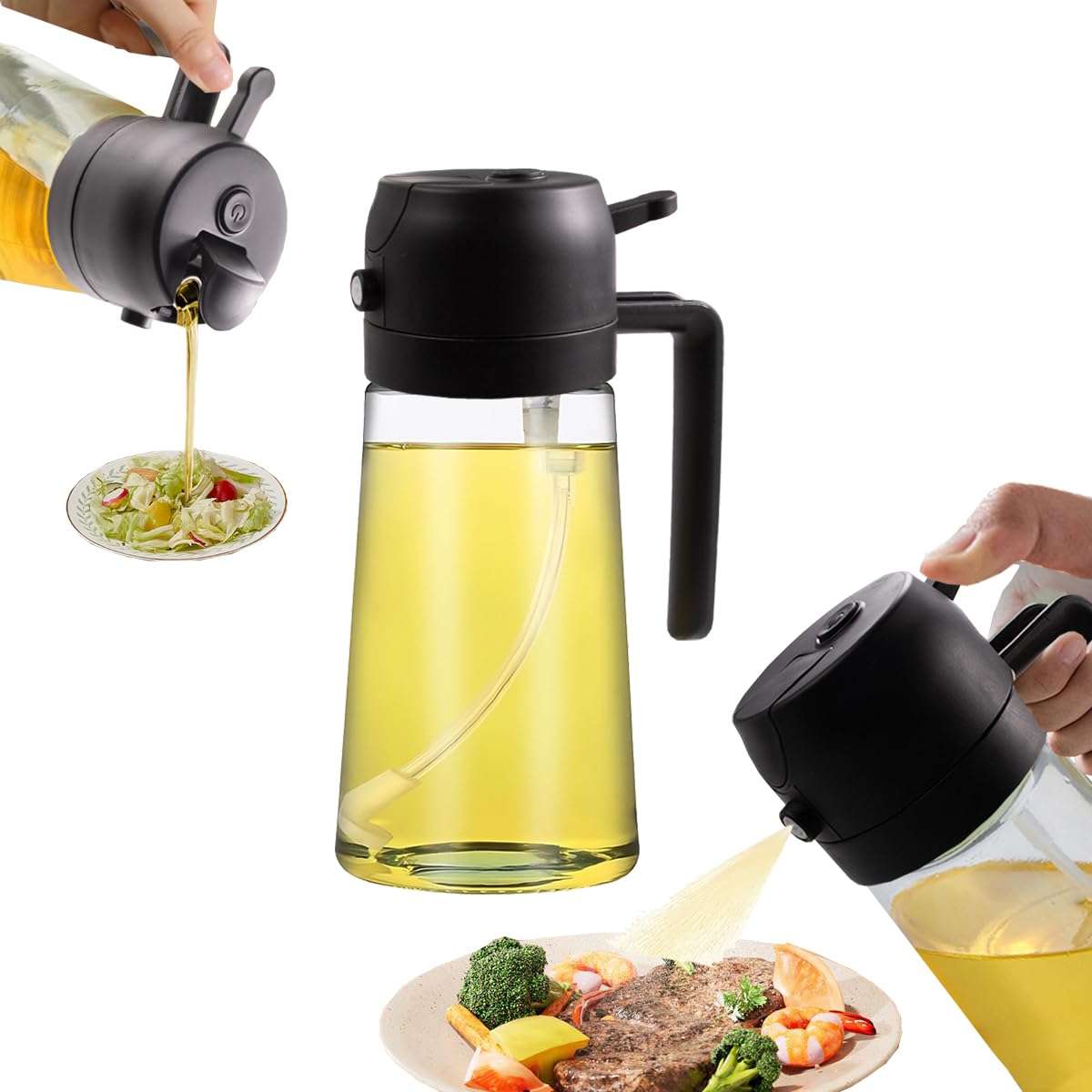 RFetomax Oil Sprayer for Cooking-2 in 1 Olive Oil Dispenser, 16oz/470ml Oil Dispenser Bottle for Air Fryer, BBQ,Salad, Frying, Barbecue (Black) - Image 1