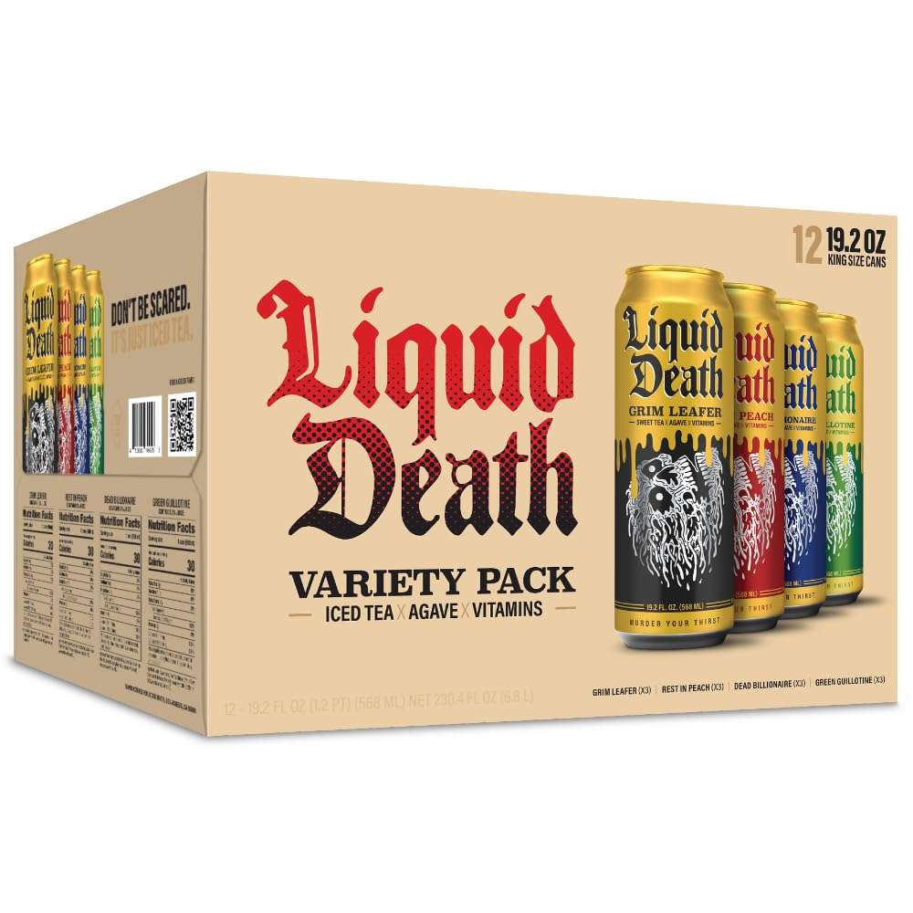 Liquid Death Iced Tea Variety 12-Pack (19.2 Oz Cans) | Grim Leafer | Rest in Peach | Dead Billionaire | Green Guillotine - Image 1