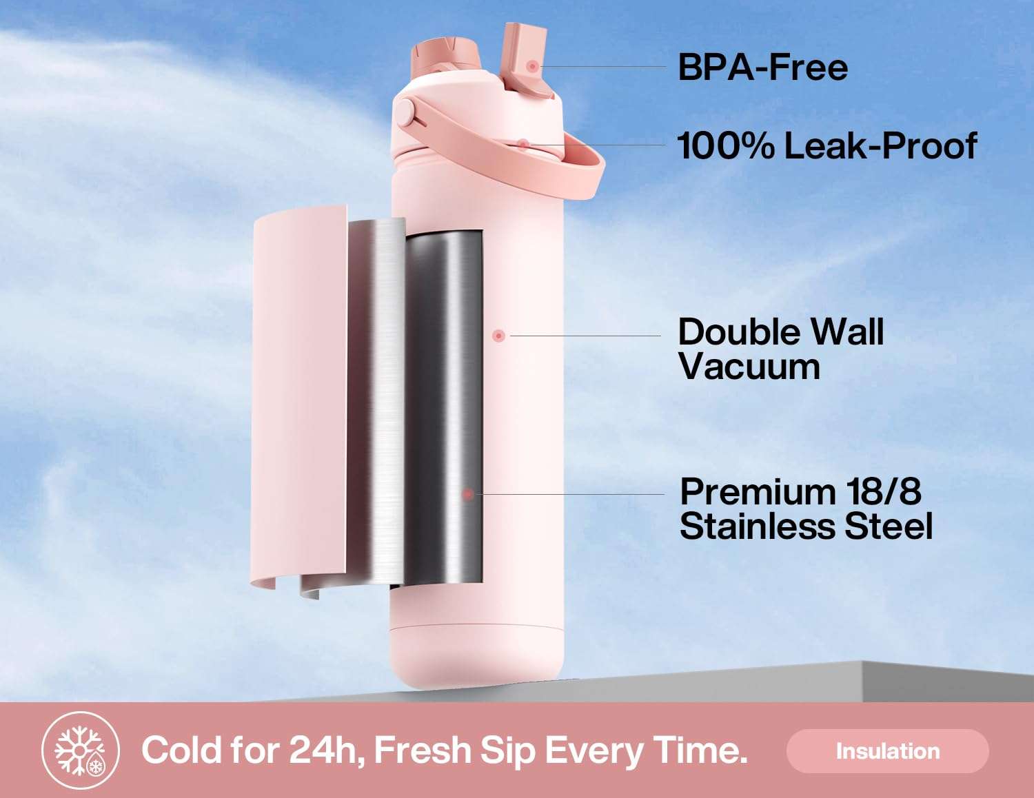 POWCAN 26 oz Insulated Water Bottle with 2-in-1 Straw and Spout Lid, Keep Cold 24H, Leak-Proof, Fits in Car Cup Holder, Stainless Steel Water Bottle for Sports, Travel, and School (Cotton Candy) - Image 4