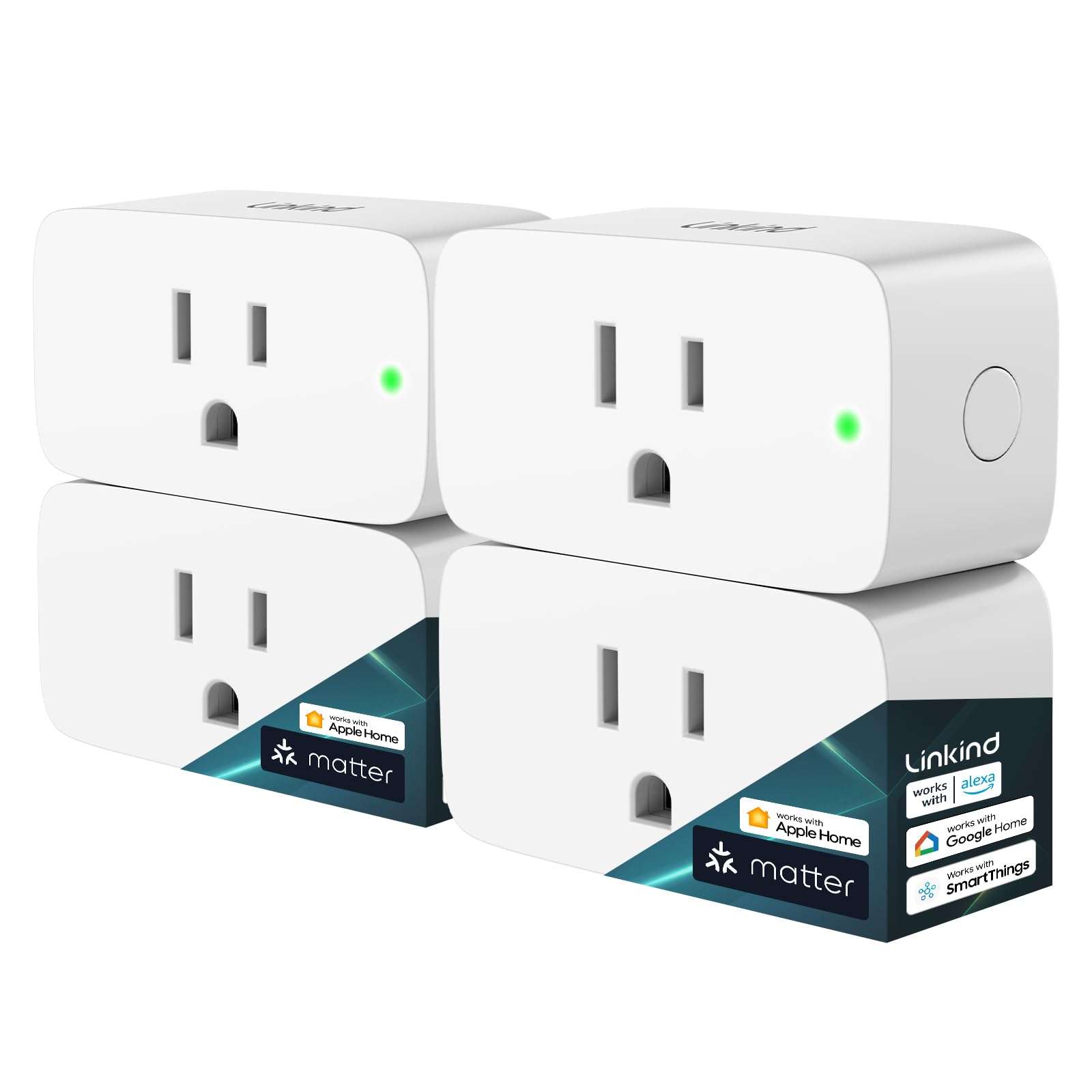 Linkind Matter Smart Plug, Work with Apple Home, Siri, Alexa, Google, SmartThings, Smart Outlet 15A/1800W Max, Smart Home Automation, APP Remote Control,Timer&Schedule, 2.4G Wi-Fi Only, 4 Pack - Image 1