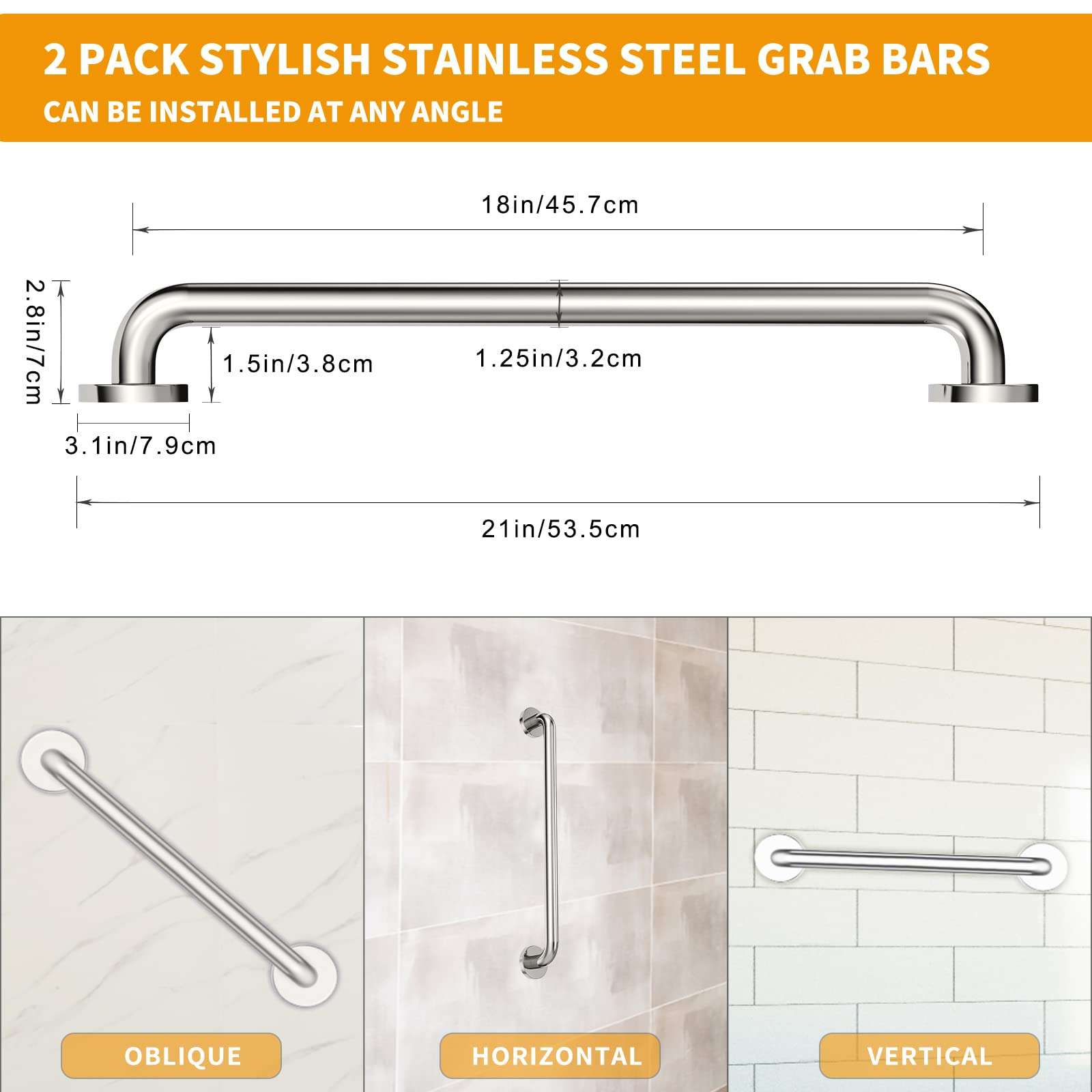 18 Inch Shower Grab Bar 2 Pack Brushed Nickel SUS304 Safety Bathroom Grab Bars with Concealed Screws, 500lbs Support Assist Bath Handle Balance Bar for Handicap Elderly Pregnant - Image 2