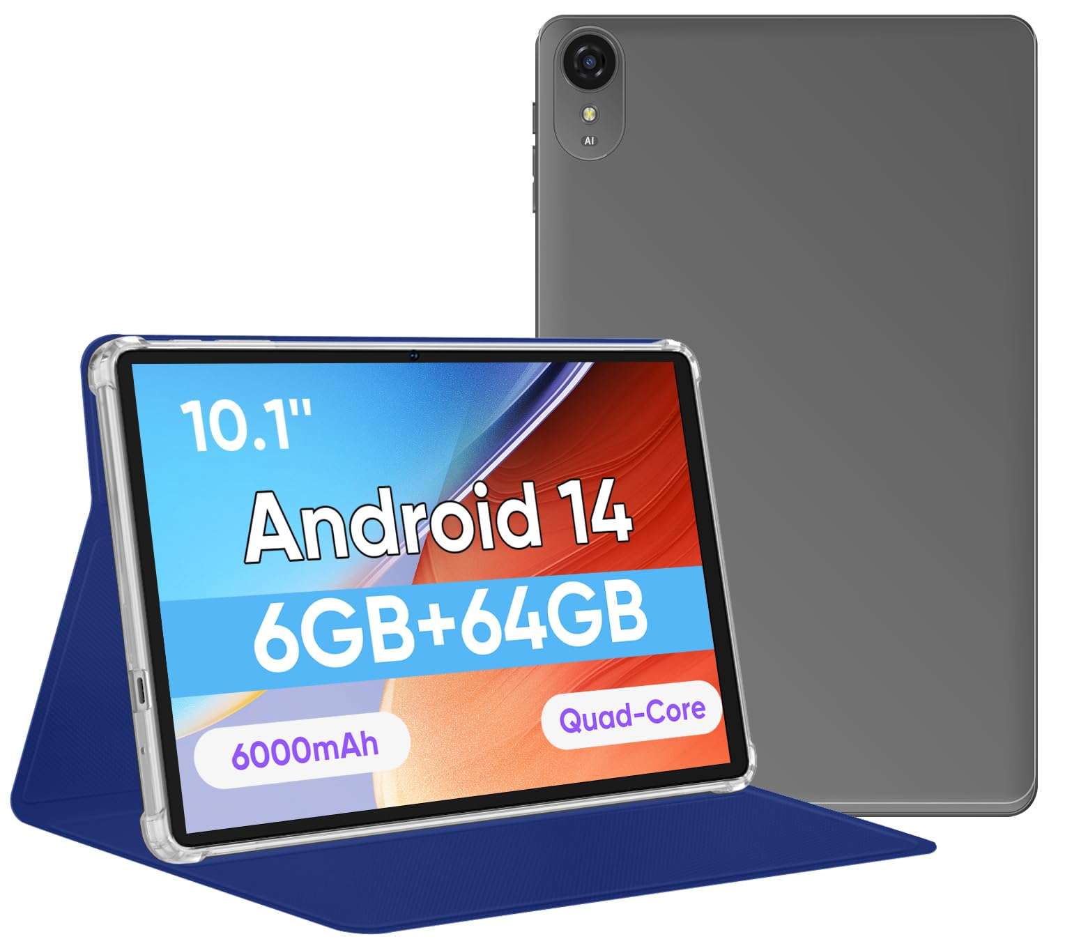 Tablet 10.1 inch, Android 14 Tablets 9(3+6) GB RAM 64GB ROM 1TB Expand, 1280x800 IPS HD Touchscreen,6000mAh Battery, Bluetooth, Dual Camera, GMS, WiFi, Case (Black) - Image 1