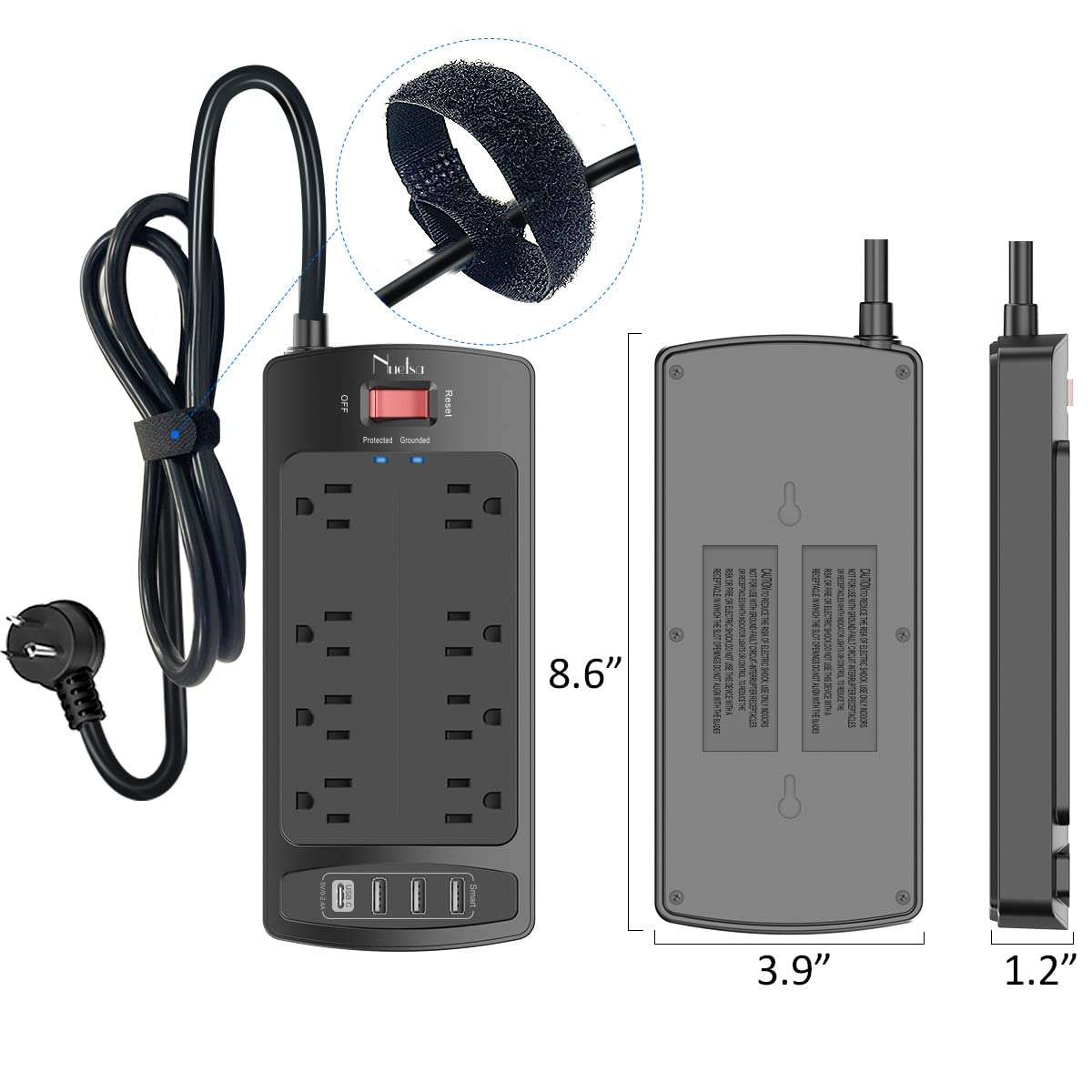 Surge Protector Power Strip - Nuetsa Flat Plug Extension Cord with 8 Outlets and 4 USB Ports, 6 Feet Power Cord (1625W/13A), 2700 Joules, ETL Listed, Black - Image 7