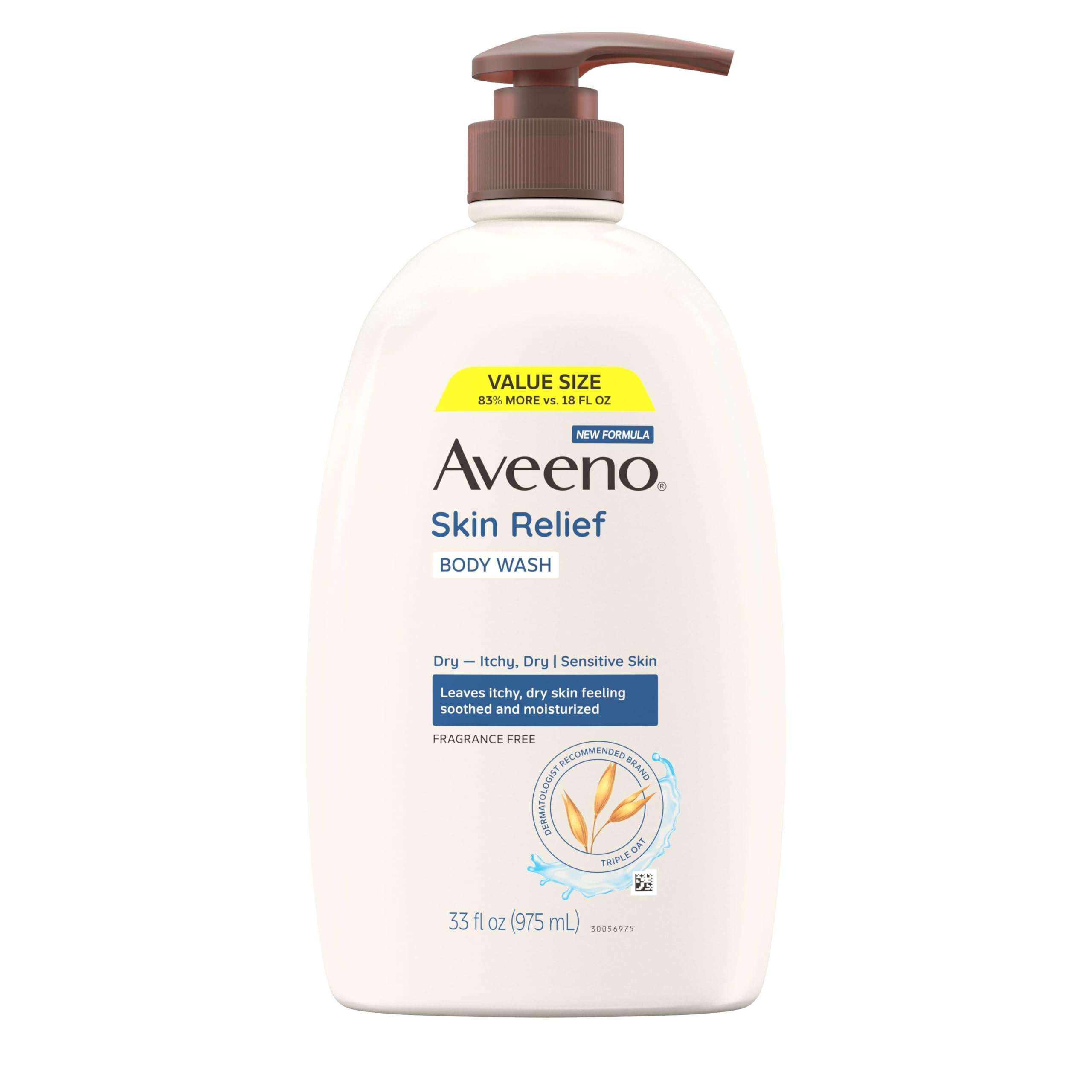 Aveeno Skin Relief Fragrance Free Body Wash, Triple Oat Formula, Gentle Daily Cleanser for Itchy Dry Sensitive Skin, Soap & Paraben Free, Soothes & Moisturizes, 33 fl oz - Image 1