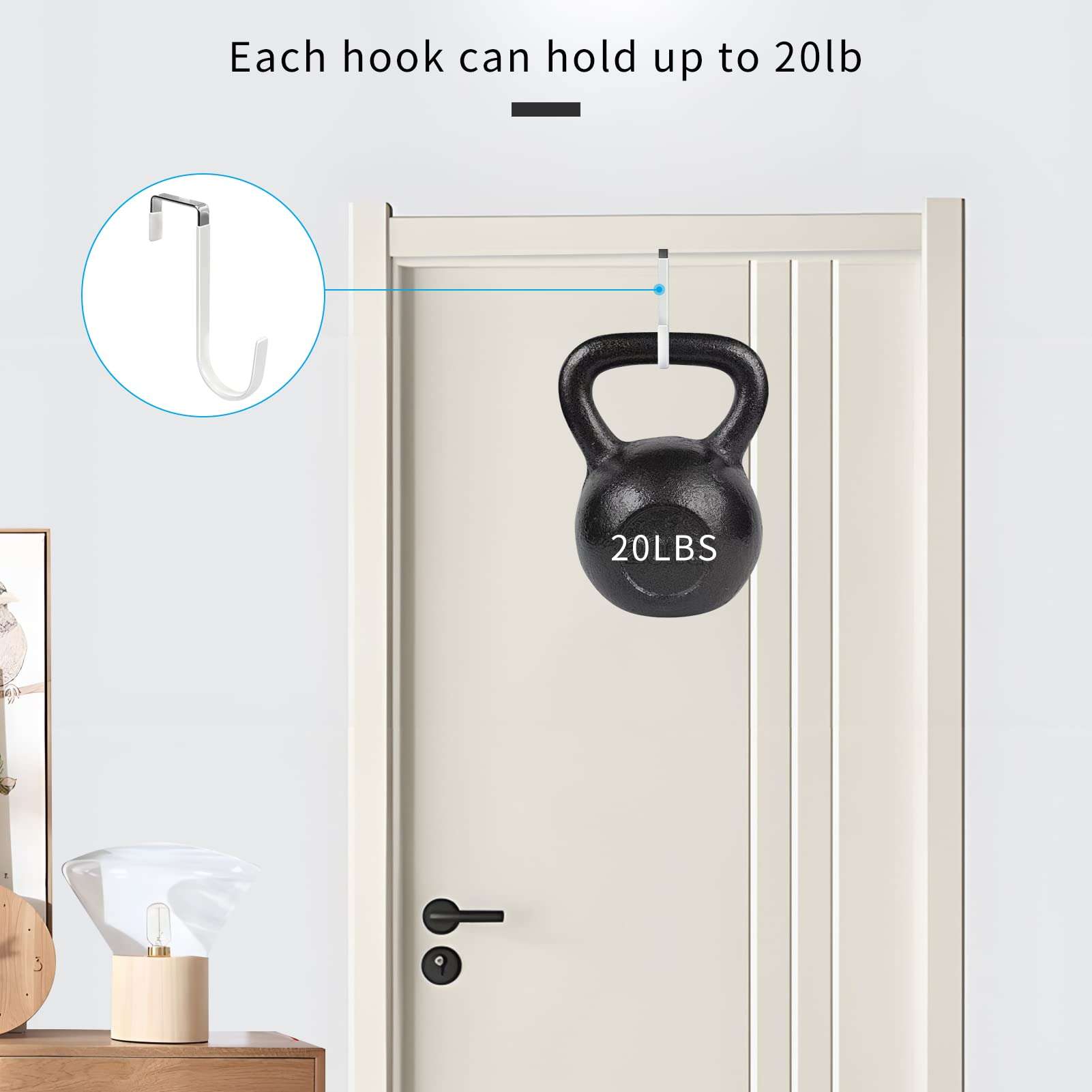 FYY Over The Door Hooks, 4 Pack Hangers Hooks with Rubber Prevent Scratches Heavy Duty Organizer for Living Room, Bathroom, Bedroom, Kitchen Hanging Clothes, Towels, Hats, Coats, Bags White - Image 4