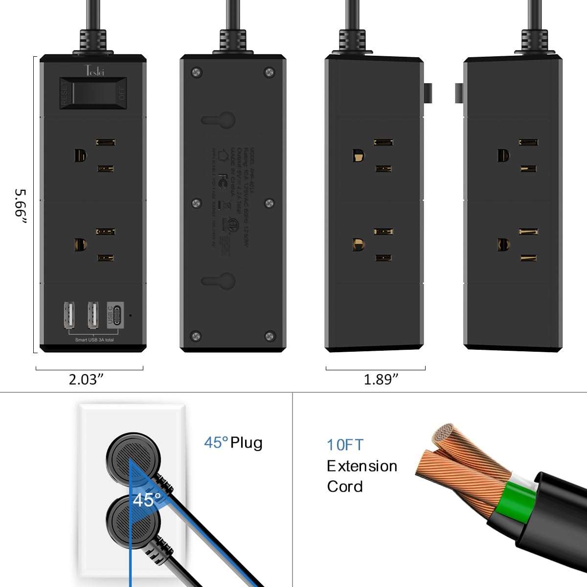 10Ft Extension Cord Flat Plug Power Strip - Tcstei 3-Side Outlet Extender with 6 AC Outlets and 3 USB Ports (1 USB C), Compact for Home, Office, Dorm Room Essentials, ETL, Black - Image 7
