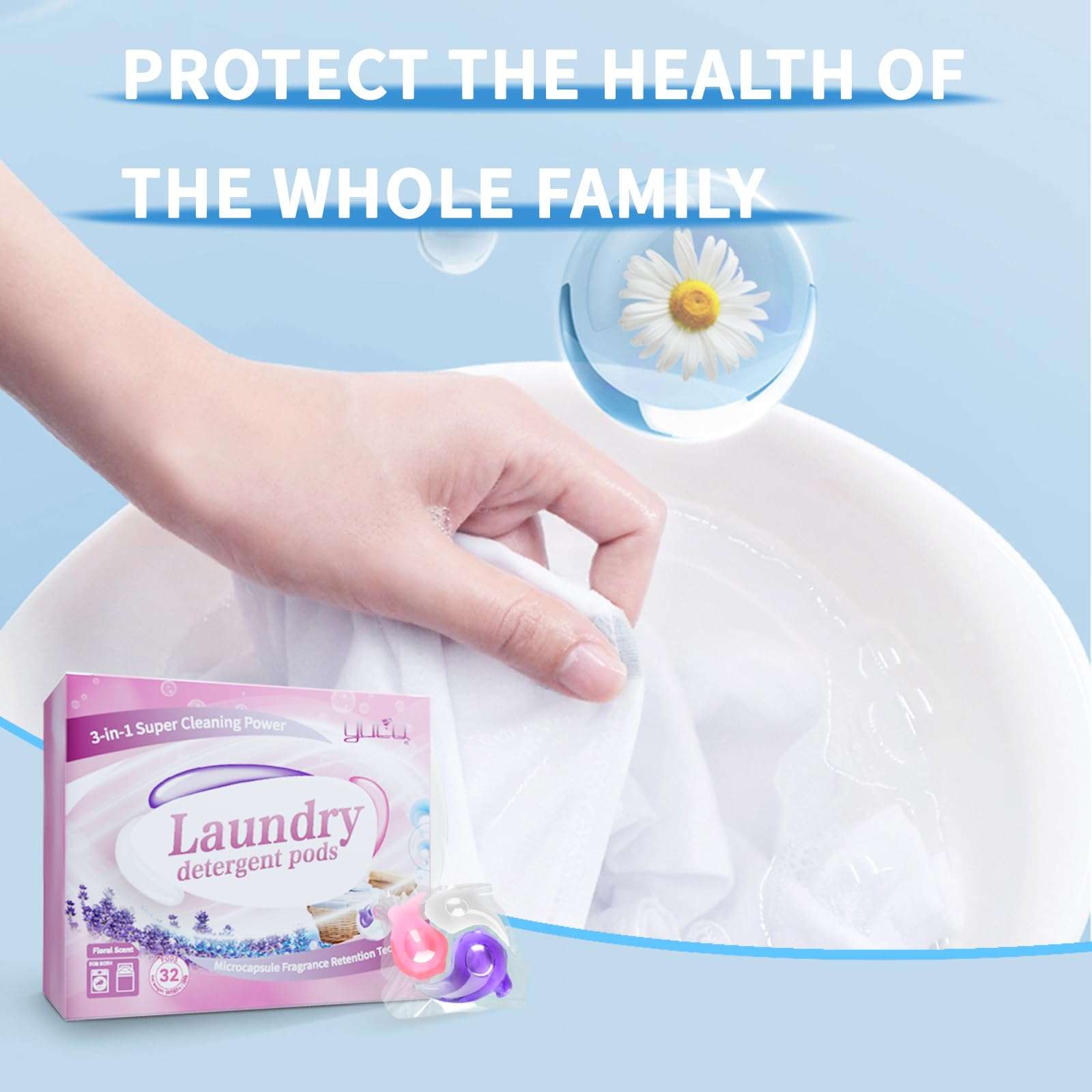 YUCO Pods Laundry Detergent Hypoallergenic, 3IN1 Super Cleaning Power, Microcapsule Fragrance Retention Technology (Floral Scent,1 Box of 32 Pod,Net 15g/pod,Net 480g) - Image 5