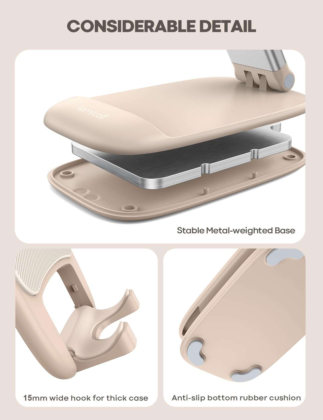 Lamicall Khaki Phone Stand for Desk - Cell Phone Holder Khaki Desk Accessories Desktop Office Must Have Compatible with iPhone, 4-8'' Smartphone - Image 6