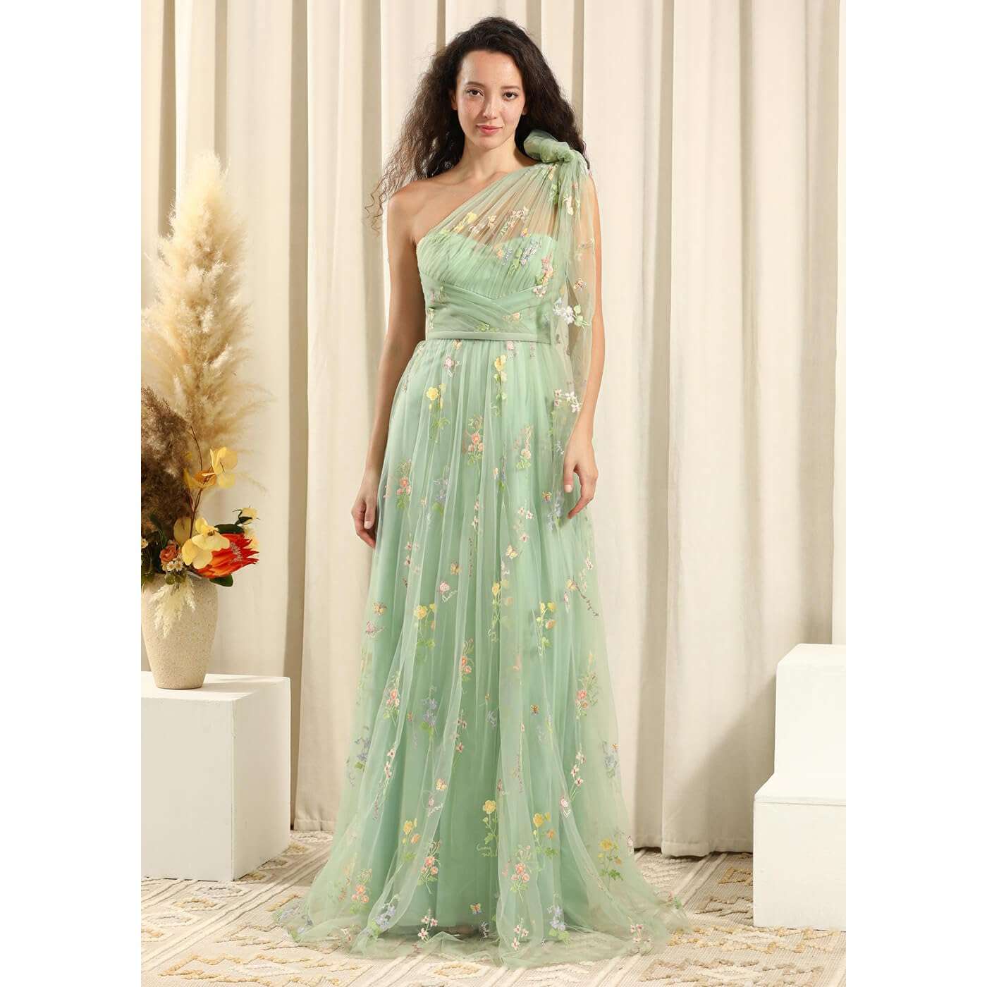 Floral Embroidery Prom Dresses with Pleats Long One Shoulder Spring Tulle Formal Party Dress for Women - Image 3
