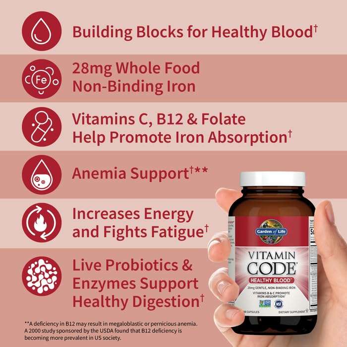 Garden of Life Vitamin Code Healthy Blood - Iron Supplement for Women, 60 Vegan Capsules, with Vitamins B, C, Trace Minerals, Fruit Veggies, Probiotics - for Energy and Anemia Support - Image 2