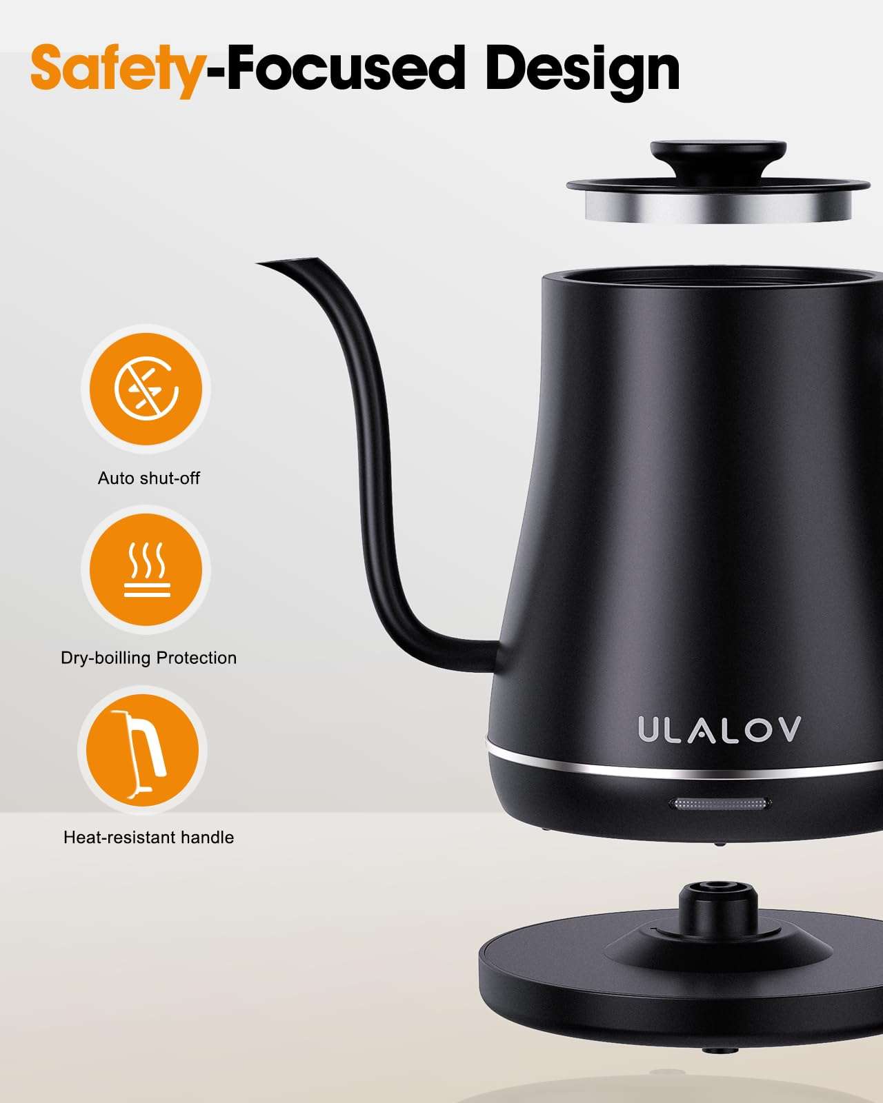 Ulalov Electric Kettle 1L Gooseneck Water Kettle Quick Heating for Pour Over Coffee & Tea, Stainless Steel Hot Water Boiler with Auto Shut-Off, Boil Dry Protection, Matte Black,1200W - Image 8