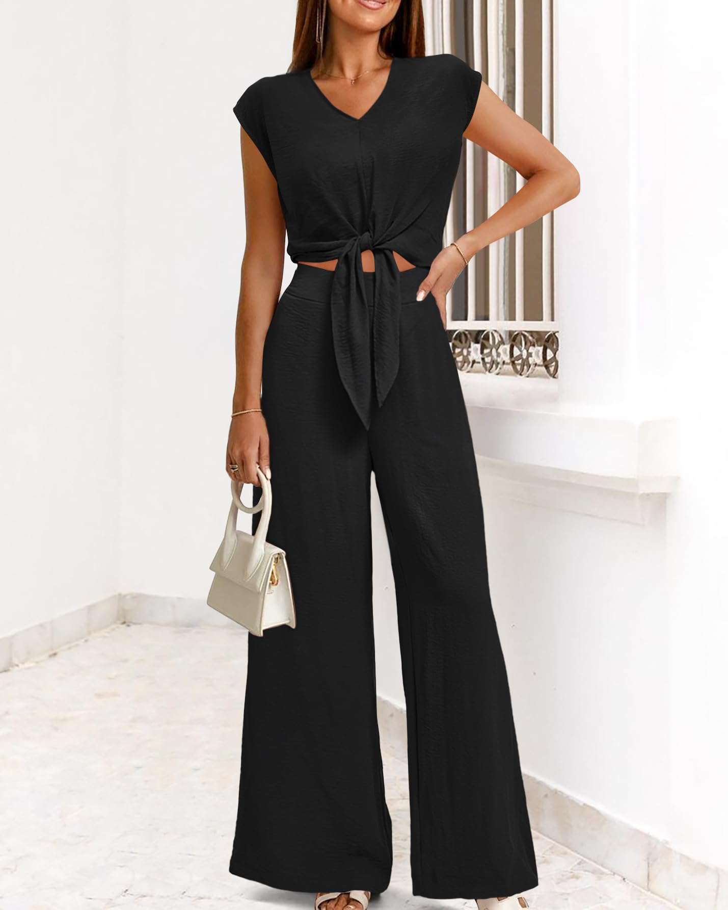 PRETTYGARDEN Women's Summer 2 Piece Outfits 2025 Cap Sleeve V Neck Belted Crop Tops Wide Leg Pant Sets Casual Tracksuit - Image 7
