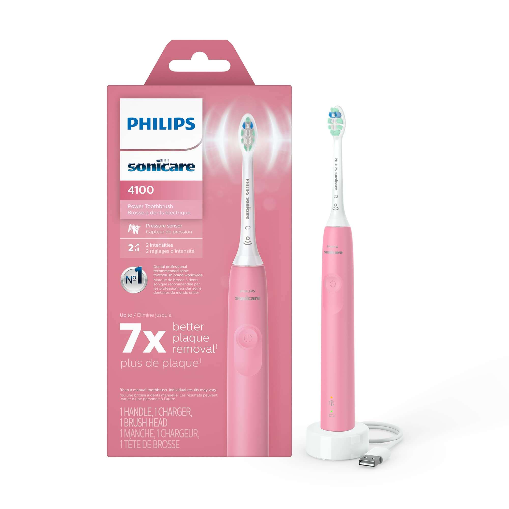 Philips Sonicare 4100 Rechargeable Electric Toothbrush, with Pressure Sensor, 2 Intensity Settings, SmarTimer and QuadPacer, 14-Day Battery Life, Deep Pink, Model HX3681/26 - Image 1