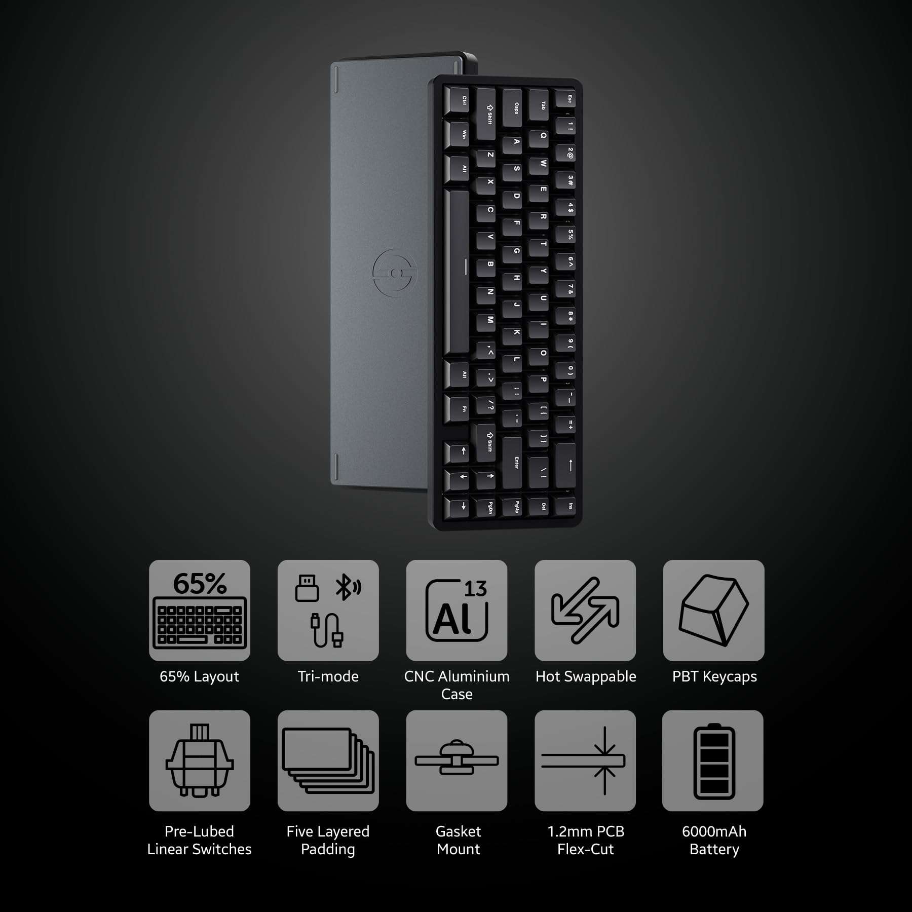 Chilkey ND65 Wireless Aluminum Mechanical Keyboard, 65% Layout Portable Gaming Keyboard, Tri-Mode BT5.0/2.4GHz/USB-C Hot Swappable Custom RGB Backlit Key Board for Laptop Office PC - Black - Image 2