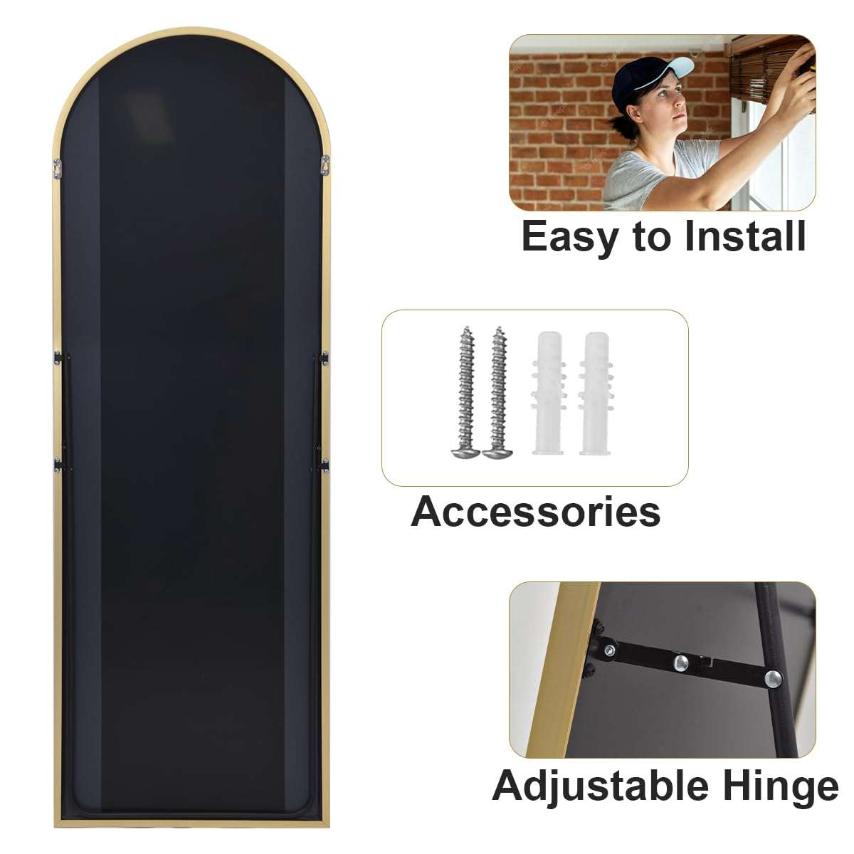 HARRITPURE 64"x21" Arched Full Length Mirror Free Standing Leaning Hanging Mounted Mirror Aluminum Frame Modern Simple Home Decor for Living Room Bedroom Cloakroom, Gold - Image 9