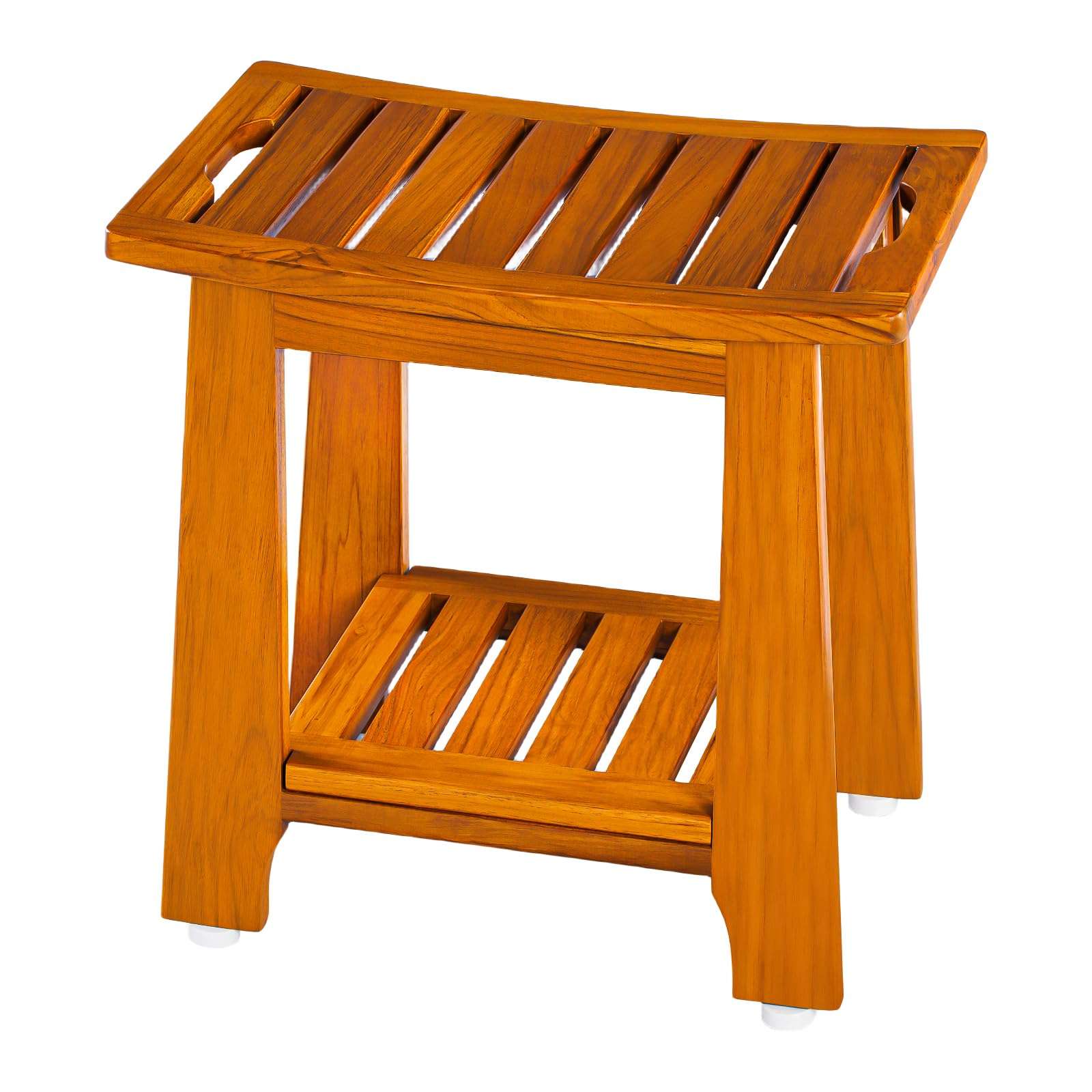 14" Compact Teak Shower Stool with Shelf & Handle - Waterproof, Non-Slip Bath Bench for Small Bathrooms/Outdoor Use, 300 lbs Capacity (Patented) - Image 1