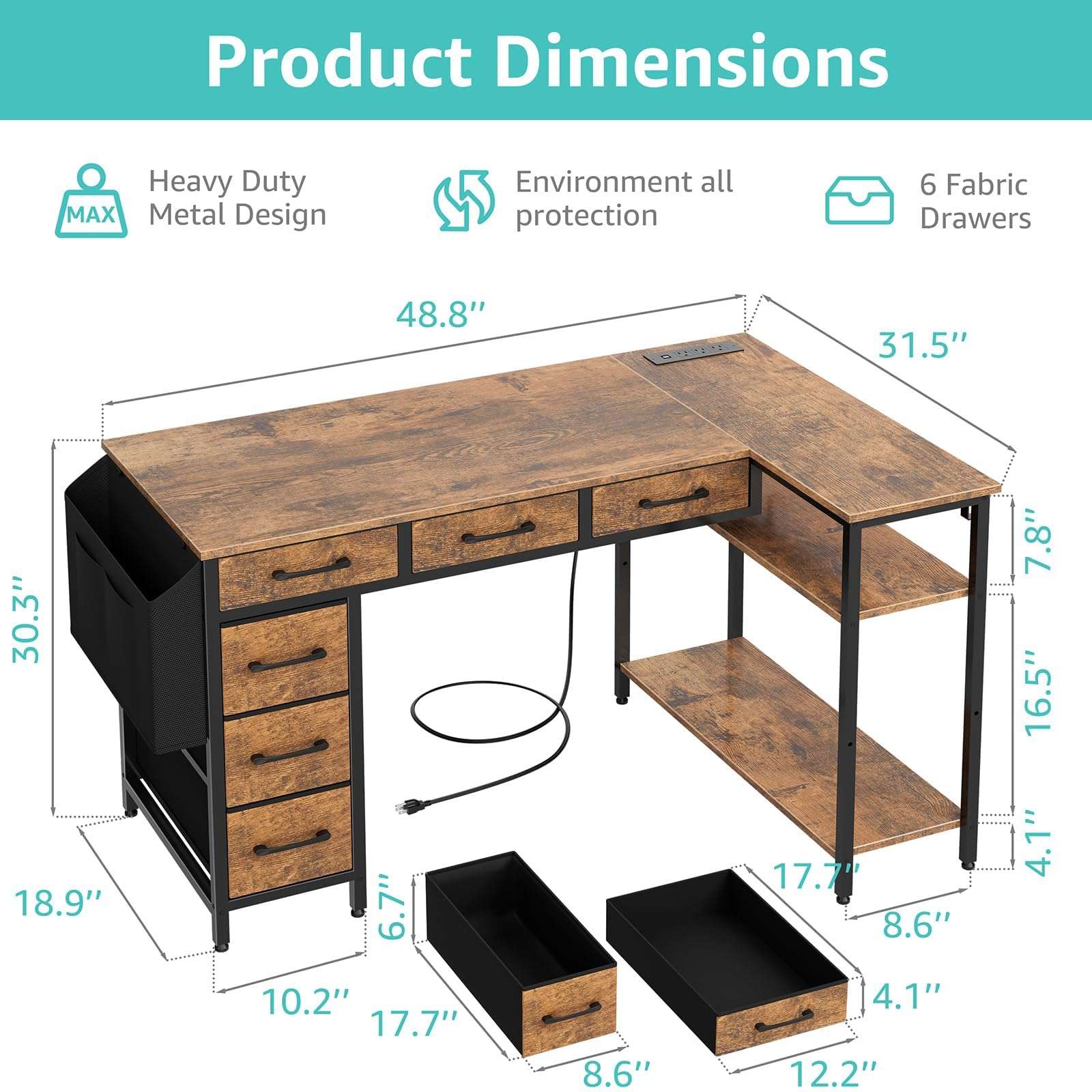 Lufeiya L Shaped Computer Desk with Drawers - 48 Inch Office Desk with Shelves Storage, Reversible Corner PC Desks with Power Outlet for Home Office, Bed Room, Writing Workstation, Brown - Image 3