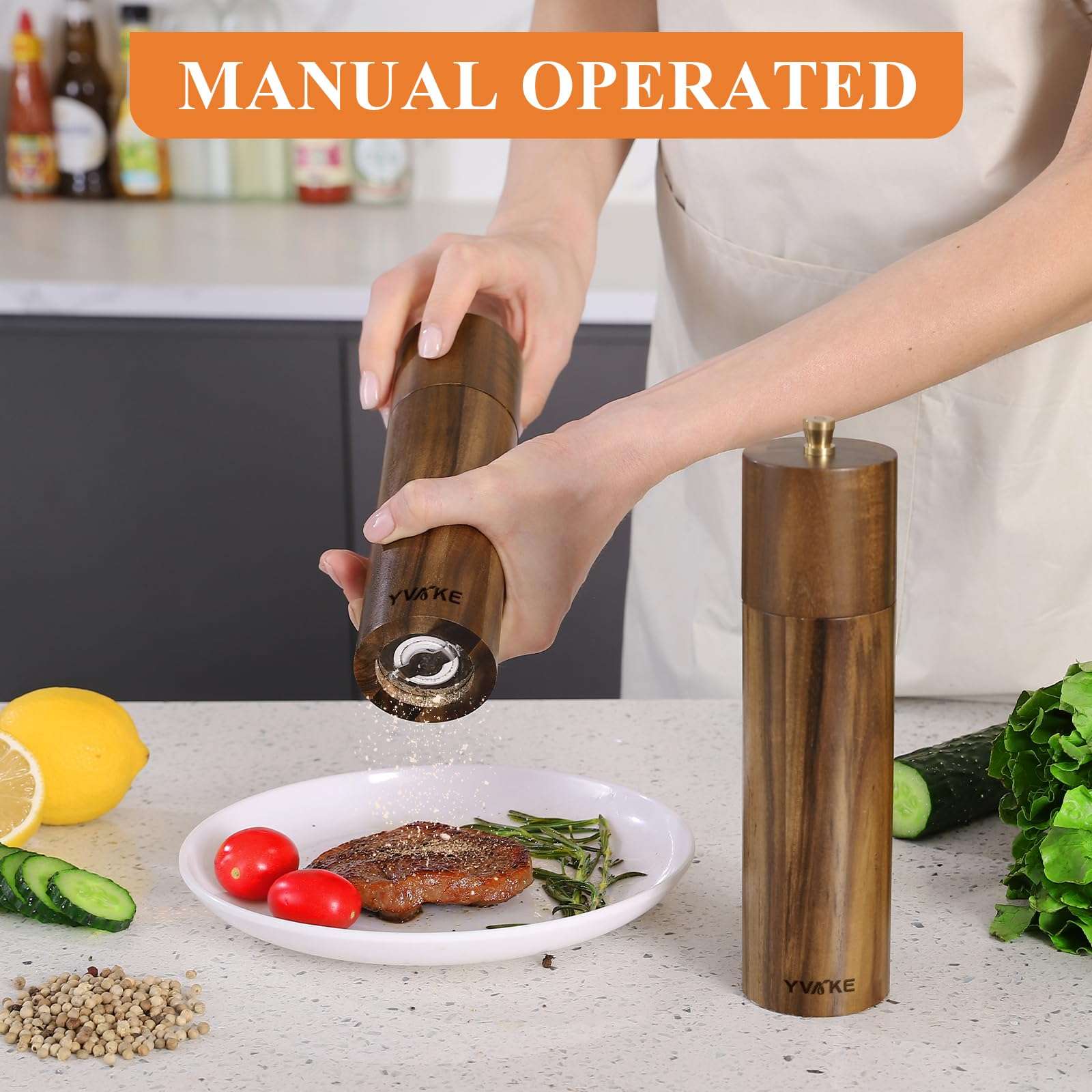 Yvake Wooden Salt and Pepper Grinder Set,8 Inch Manual Salt and Pepper Mill, Adjustable Coarseness and Refillable,Acacia Wood Pepper Grinder for your kitchen[Set of 2] - Image 2
