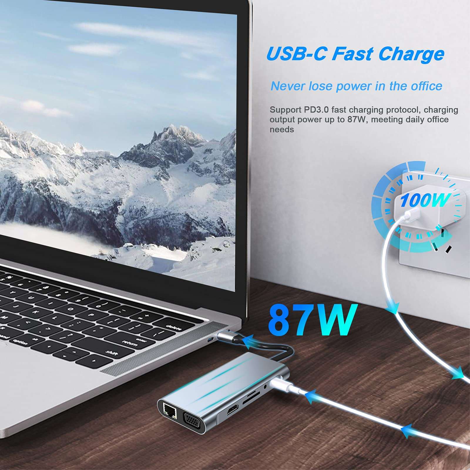 USB C HUB, USB C Adapter 11 in 1 Dongle with 4K HDMI, VGA, Type C PD, USB3.0, RJ45 Ethernet, SD/TF Card Reader, 3.5mm AUX, Docking Station Compatible with MacBook Pro/Air, Other Type C Laptops - Image 3
