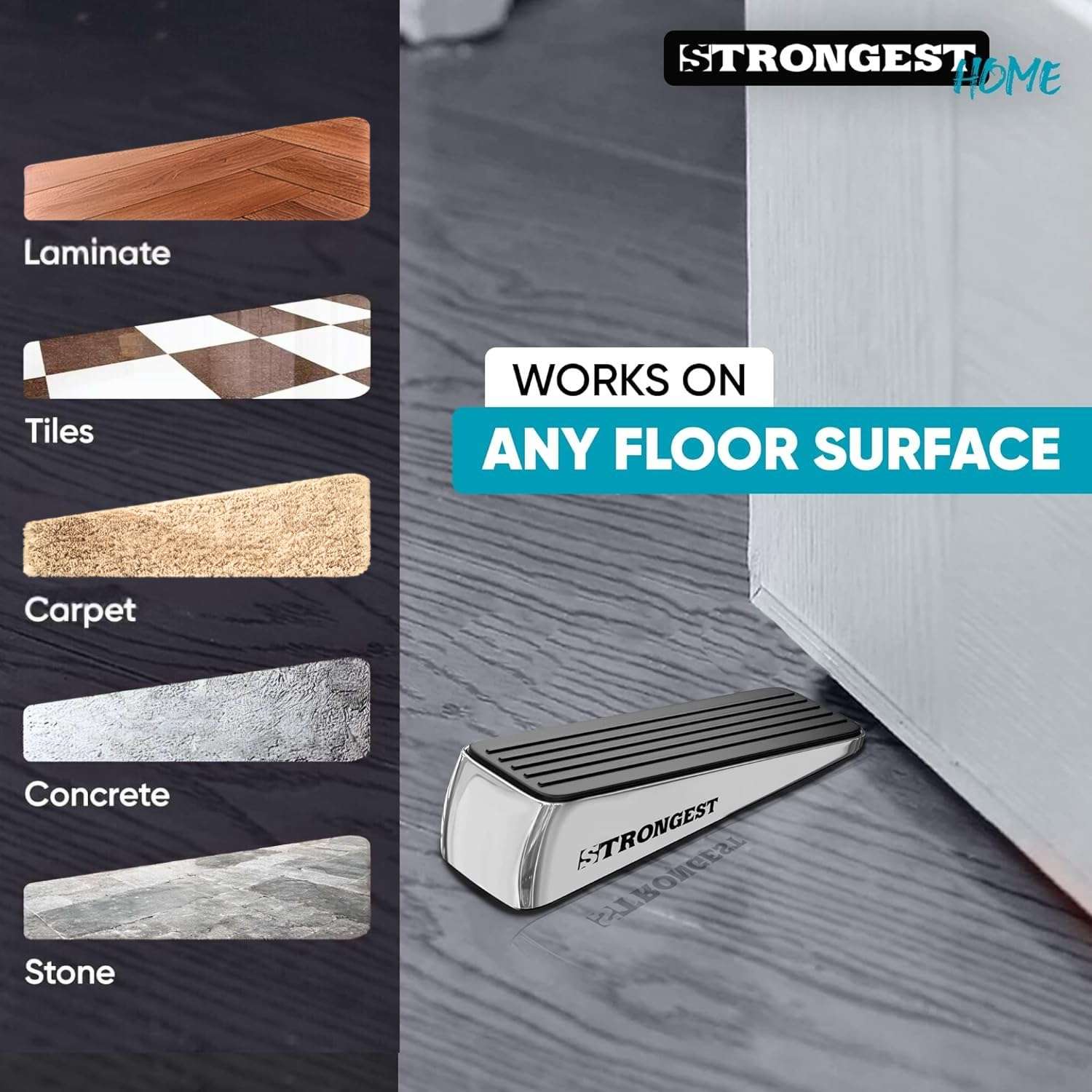 Strongest Home Heavy Duty Door Stopper Wedge (2 Chrome PCs) | Non-Slip Rubber and Metal Door Stop for Heavy Doors| Work on Wood, Tile, Carpet + 2 White Wall Protectors - Image 4