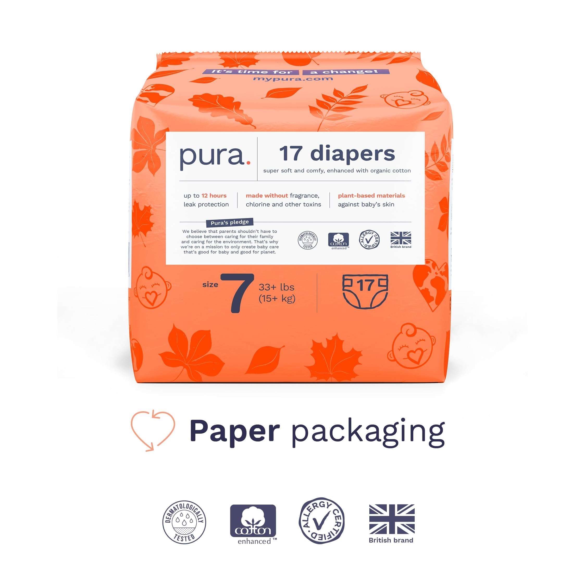 Pura Size 7 Eco-Friendly Diapers (33+lbs) Hypoallergenic, TCF, Soft Organic Cotton, Sustainable, up to 12 Hours Leak Protection, Allergy UK, Recyclable Paper Packaging, 6 Packs of 17 (102 Diapers) - Image 4