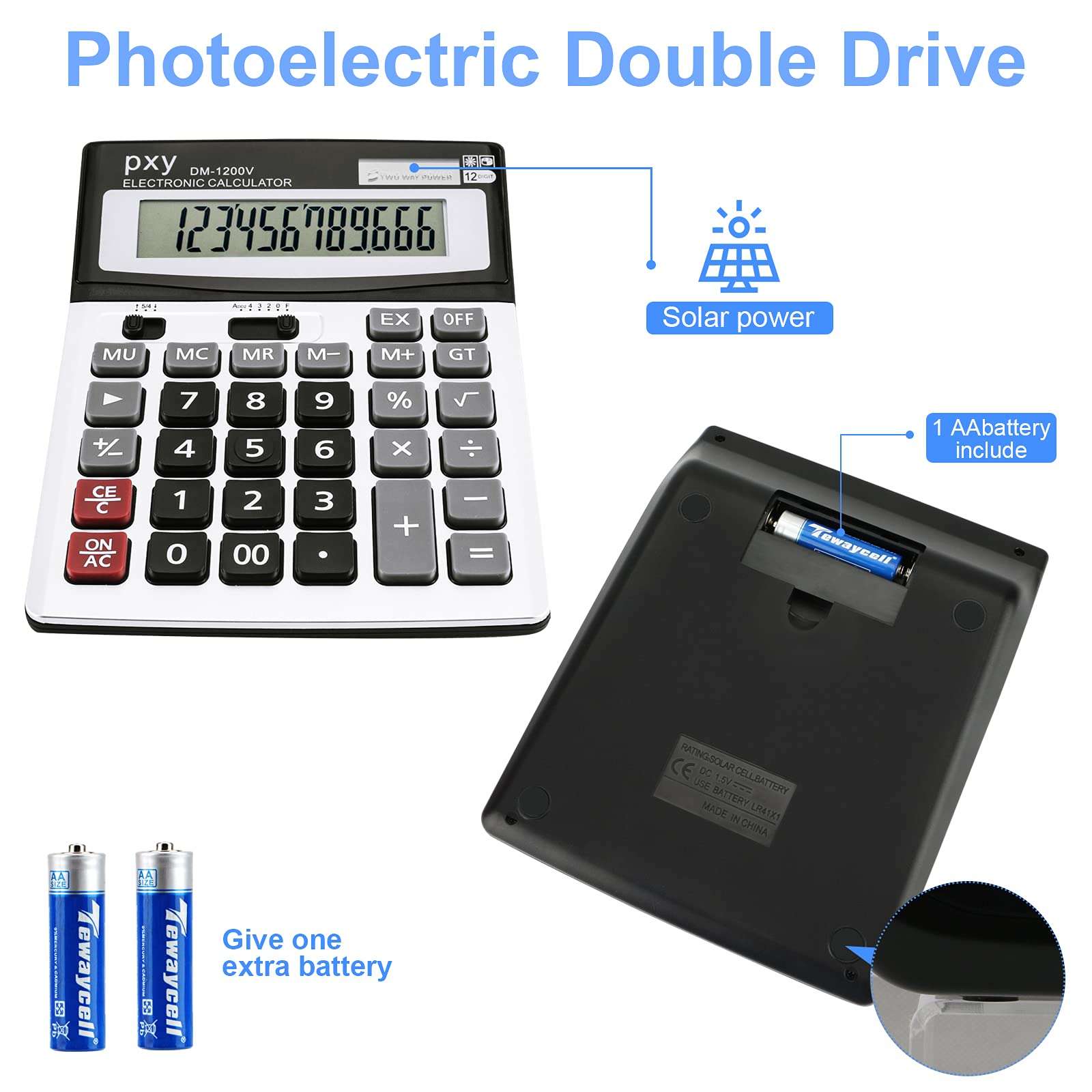 Desk Calculator 12 Digit Extra Large LCD Display, Touch Comfortable with Big Buttons, PXY Two Way Power Battery and Solar Standard Function Office Calculators - Image 3