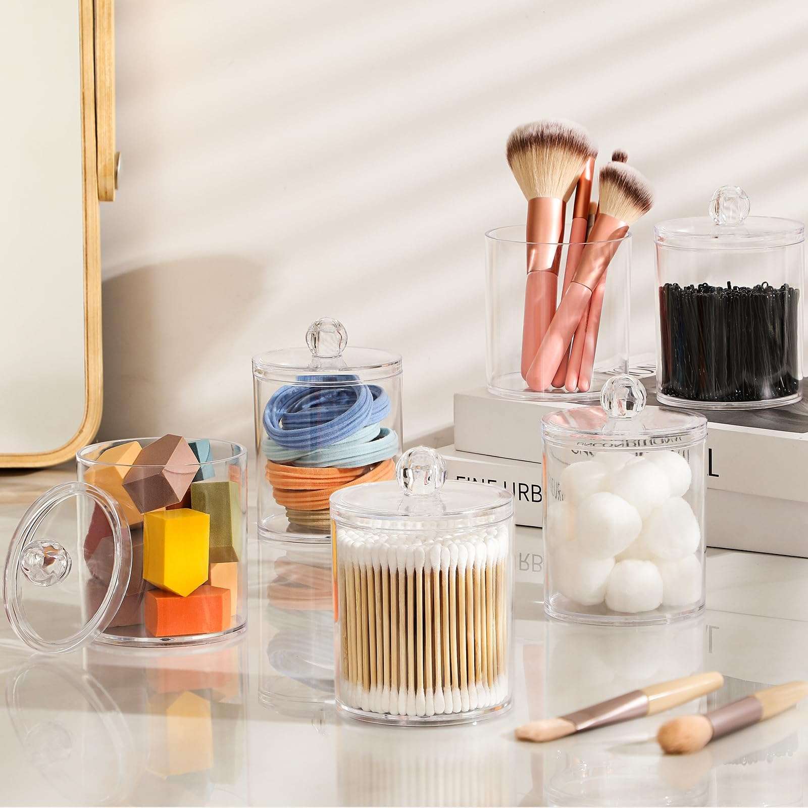 4 Pack Acrylic Qtip Holder Dispenser for Cotton Swabs, Balls, Pads, Floss Picks- Small Clear Plastic Canister Apothecary Jar Set, Bathroom Essentials Accessories Decor, Vanity Makeup Storage Organizer - Image 2
