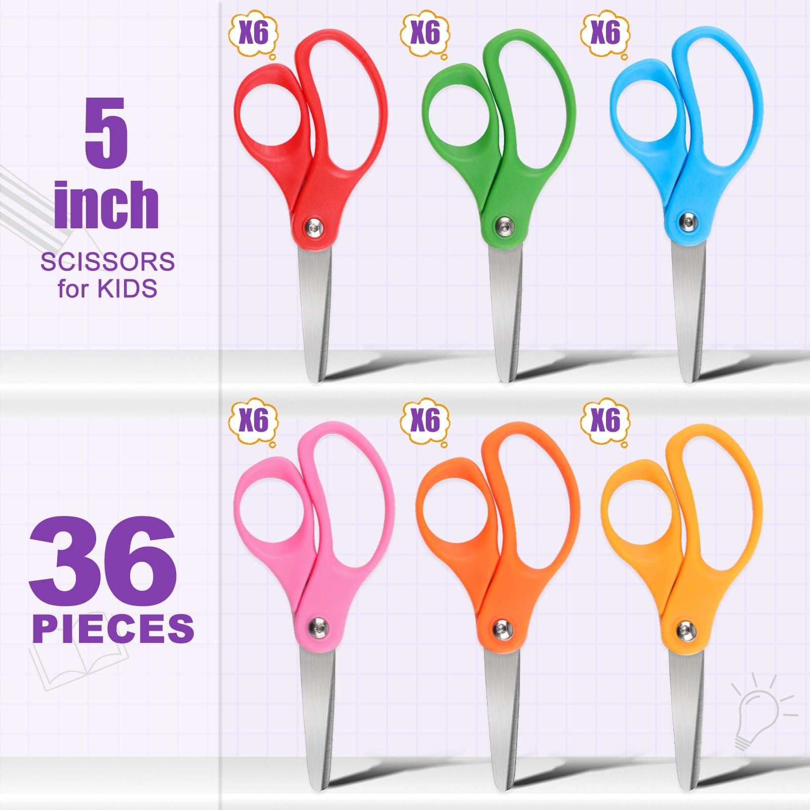 BURVAGY 36 Packs 5" Small School Student Blunt Tip Craft Kids Scissors, Stainless Steel Blades Comfort Grip 5 Inch Safety Scissors Bulk for Children Toodler Cutting Paper - Image 3