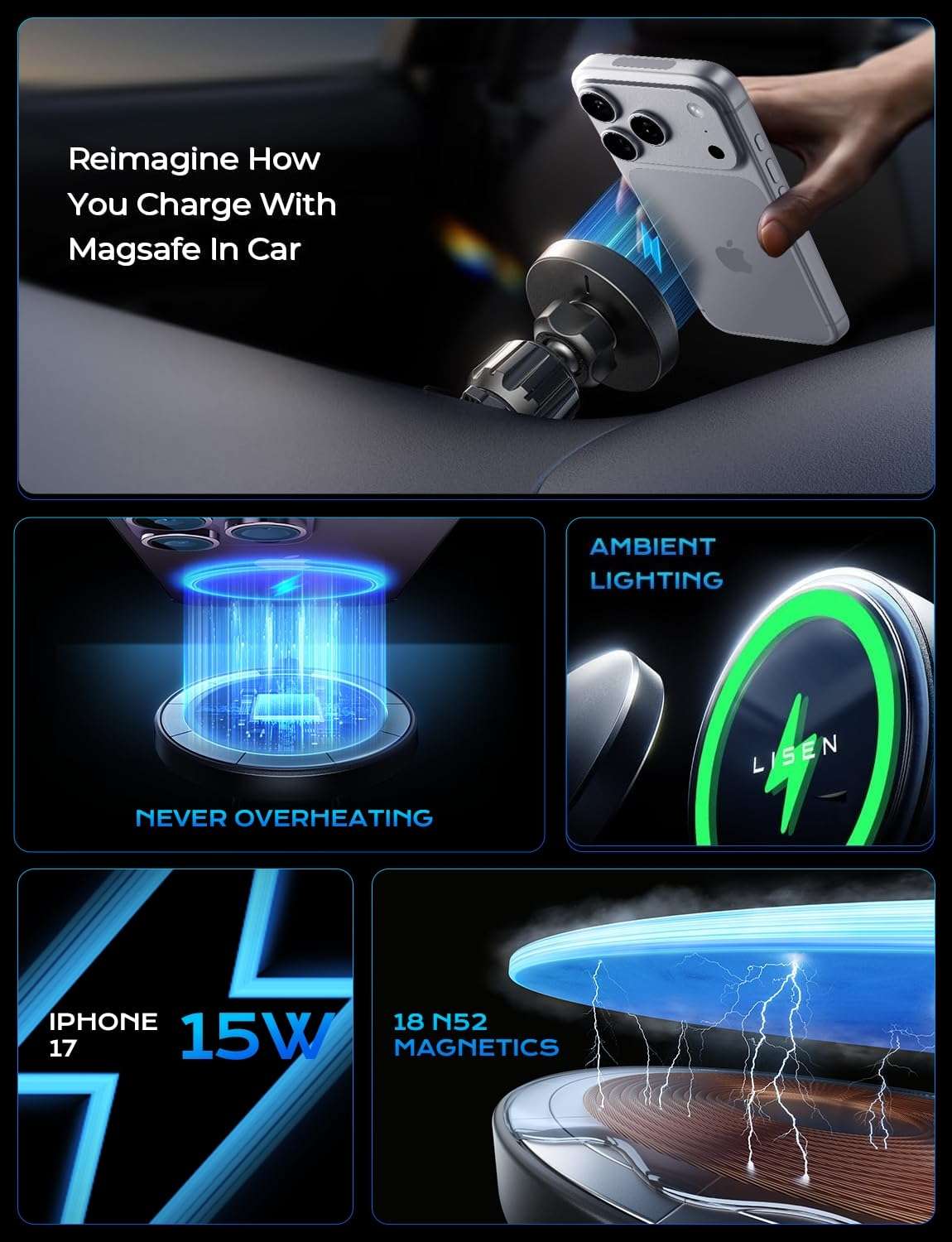 LISEN for 15W MagSafe Car Mount Charger,Magnetic Wireless Car Charger for iPhone 17 Pro Max Accessories,Magnetic Phone Holder for iPhone 17 Air Pro Max Plus 16 15 14 13 12,Samsung S25/24 with MagSafe - Image 3