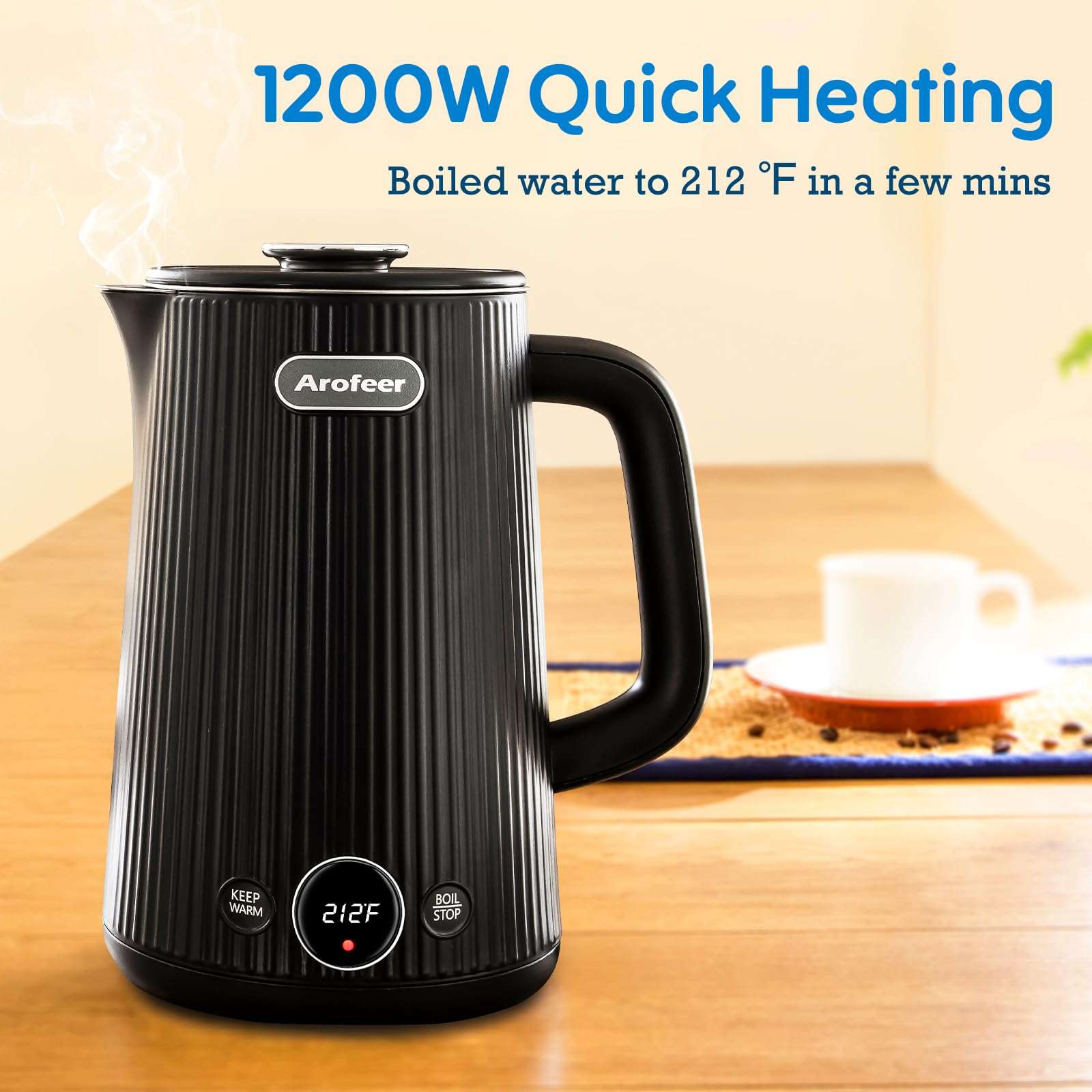 Arofeer® 1.7L(57oz) Large Electric Kettle Temperature Control, 7+Cups Electric Tea Kettle for Coffee&Tea, 2 quarts Big Hot Water Kettle Electric with,1200W,Keep Warm-Black - Image 8
