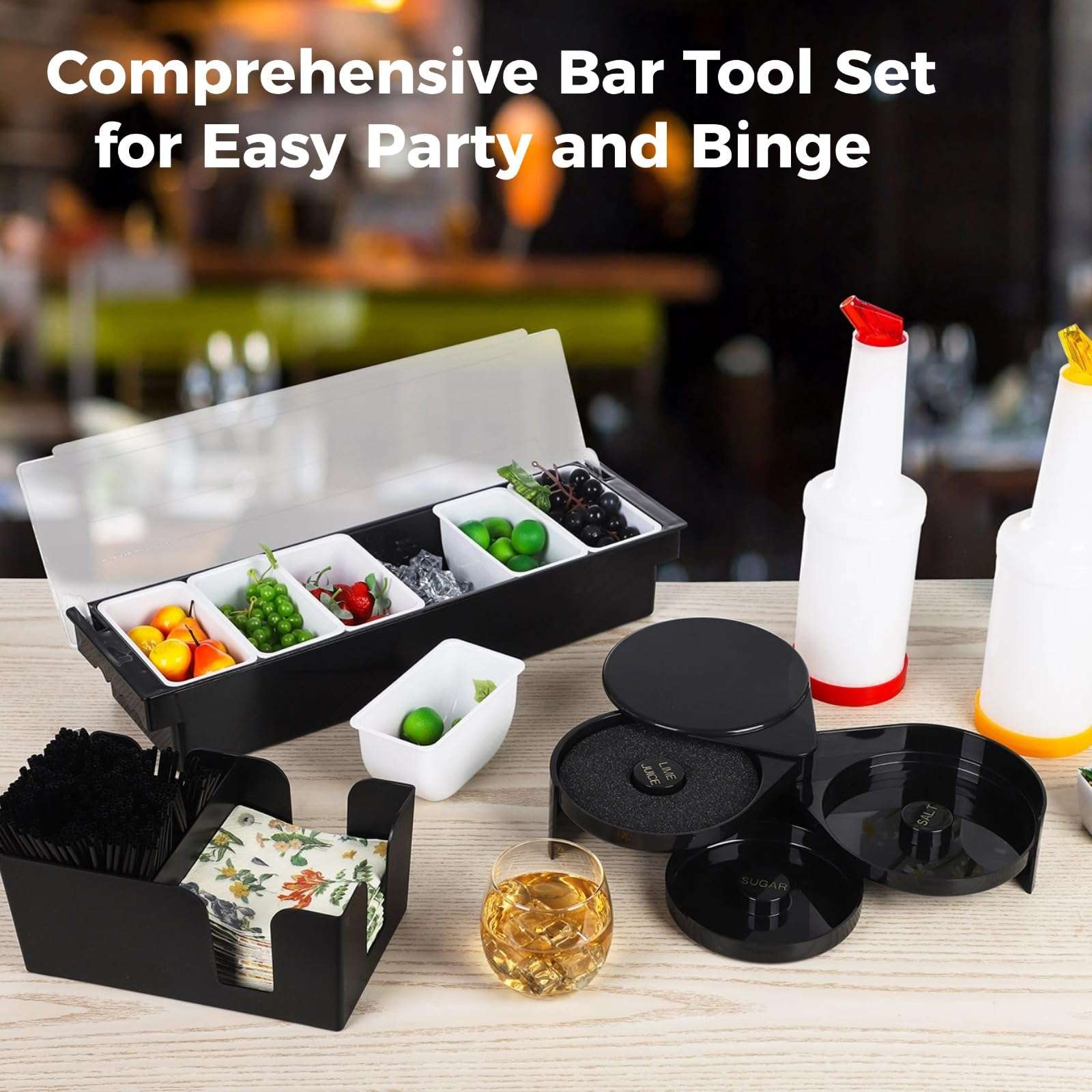 Bar Garnish Tray with Lid - 6-Grid Fruit Container, 3-Tier Bar Rimmers, 12 Stainless Steel Classic Bottle Pourers, 2 Plastic Juice Pour Bottles, 1000 Count Cocktail Stirrers, 3 Serving Tongs Set - Image 3