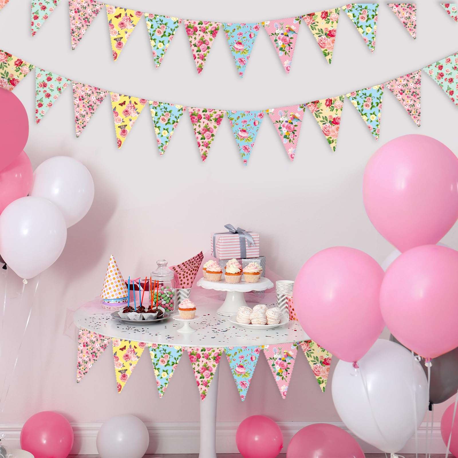 Faccito 49 Ft 60 Pcs Tea Floral Party Paper Bunting Decor Outdoor Bunting Banner Floral Pennant Wildflower Garland Tea Party Birthday Supplies for Wonderland Garden Baby Shower Bridal Wedding Bedroom - Image 6