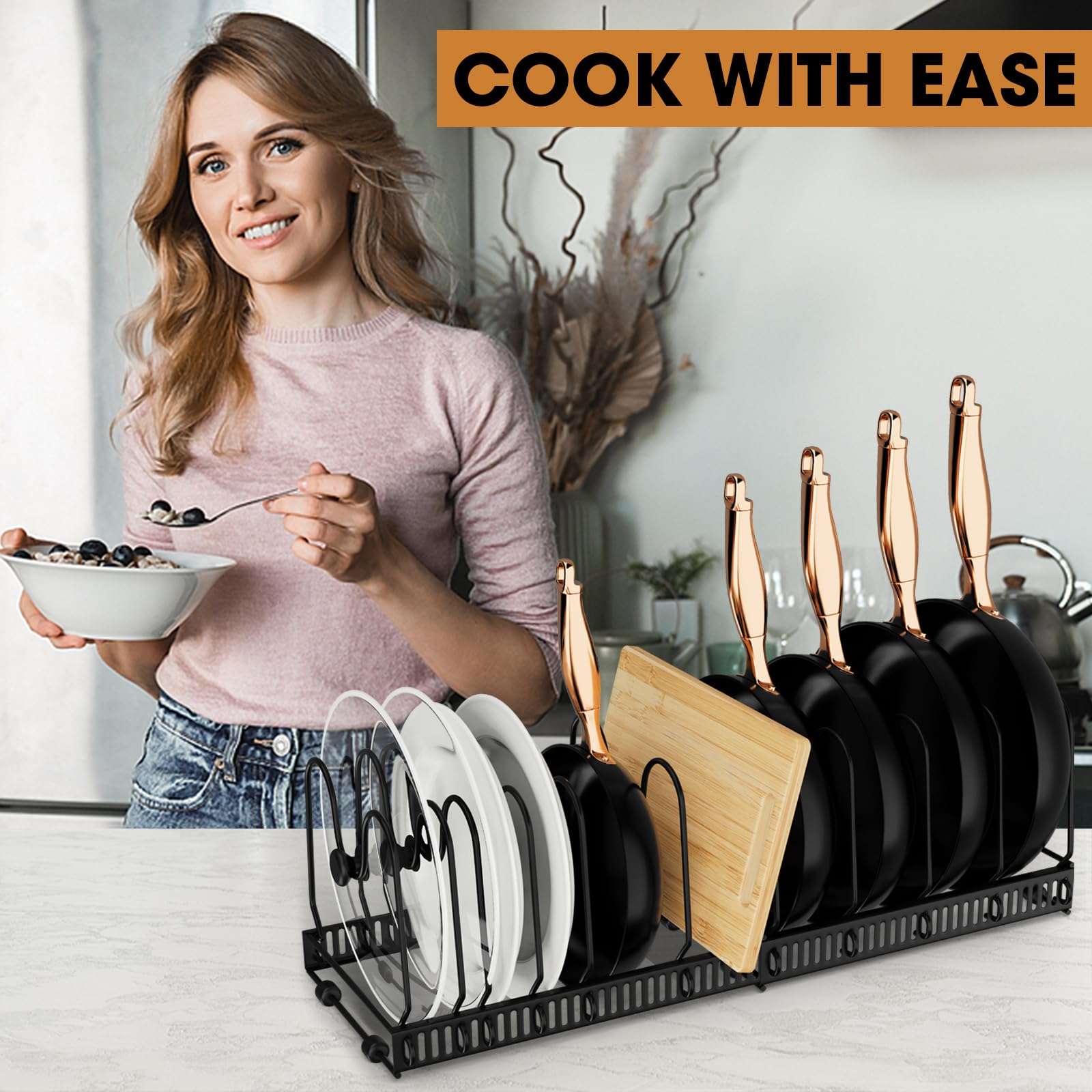coneyaro Pots and Pans Organizer, Expandable Rack with 11 Dividers for Bakeware and Lid Storage (Black) - Image 9
