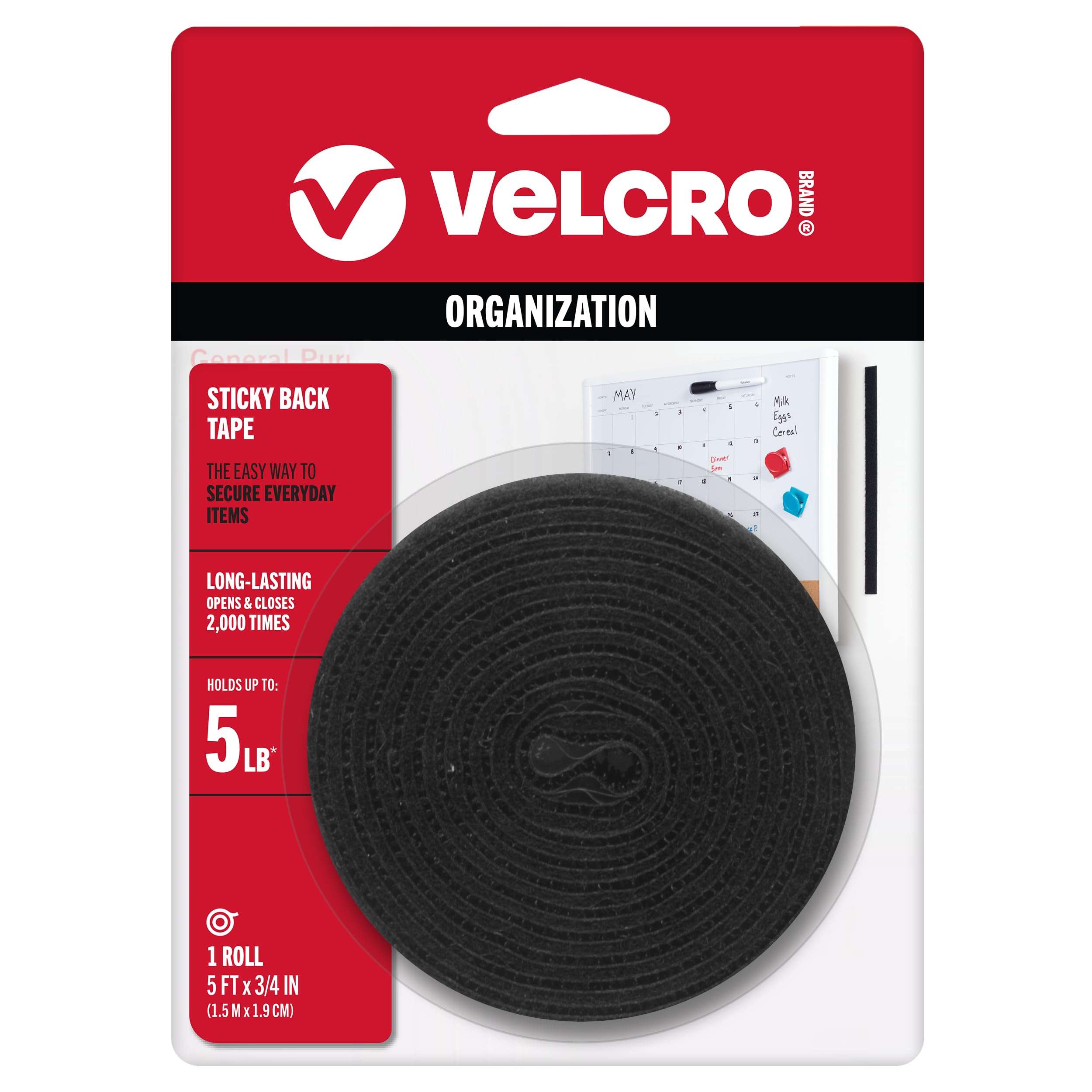 VELCRO Brand 5 Ft x 3/4 In | Black Tape Roll with Adhesive | Cut Strips to Length | Sticky Back Hook and Loop Fasteners | Perfect for Home, Office or Classroom - Image 1