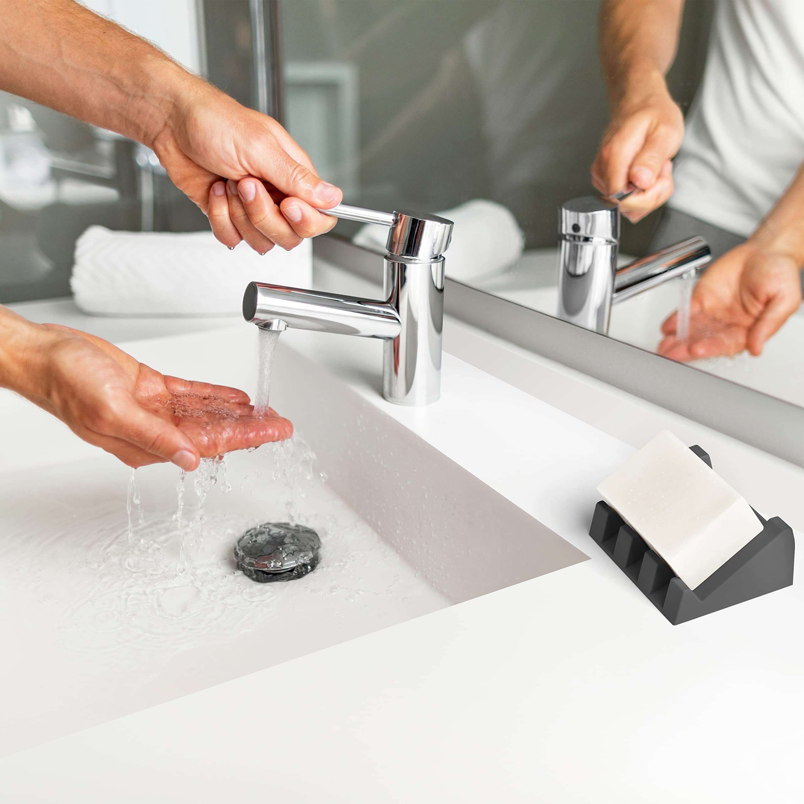 iSoapStone Silicone Soap Dish (USA Patented) Self Draining Bar Soap Holder for Shower Bathroom Sink, Drying Soap Dish Tray Kitchen Sponge Holder Easy Cleaning Soap Saver Mat (Dark Grey, 2) - Image 6