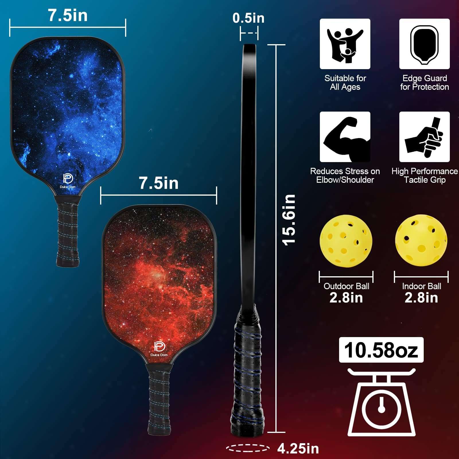 DULCE DOM Pickleball Paddles Set of 2/4 - USAPA Approved, Fiberglass/Carbon Fiber Pickleball Racket with 4 Indoor Outdoor Pickleball Balls and Pickleball Bag, Ideal Pickleball Training Equipment - Image 4